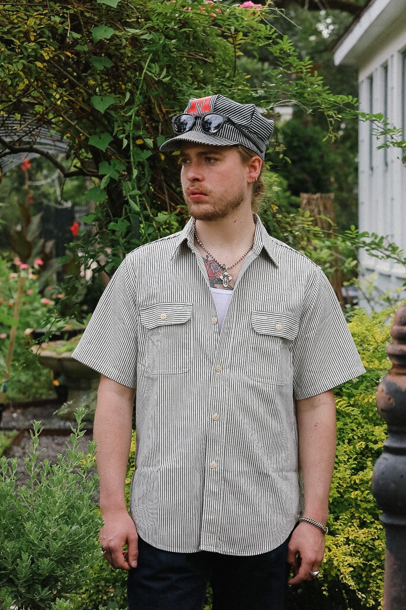 SC37944 Sugar Cane Short Sleeve Hickory Stripe Work Shirt- Indigo