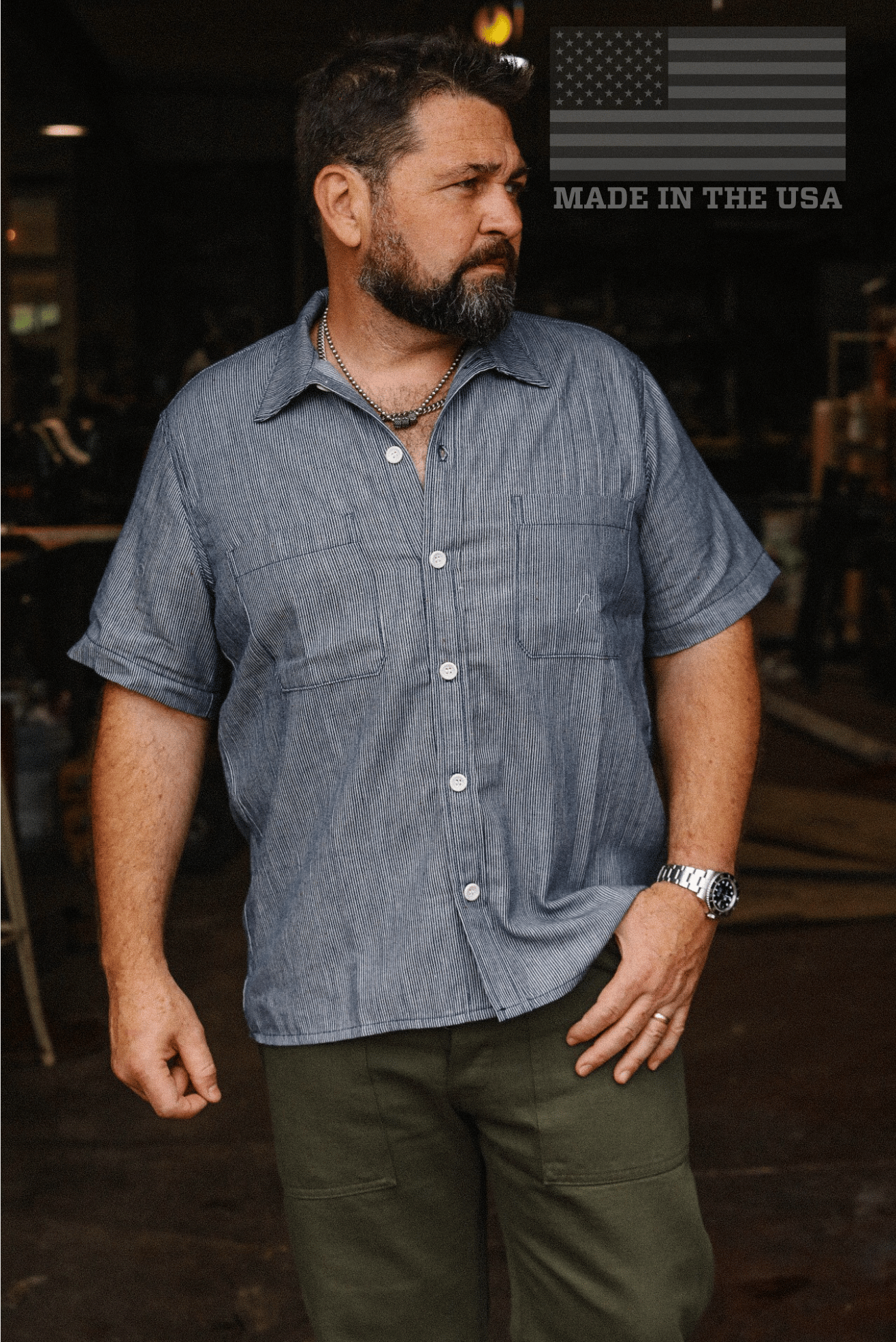 Short Sleeve Shop Shirt- Rainbow Nep Hickory Stripe