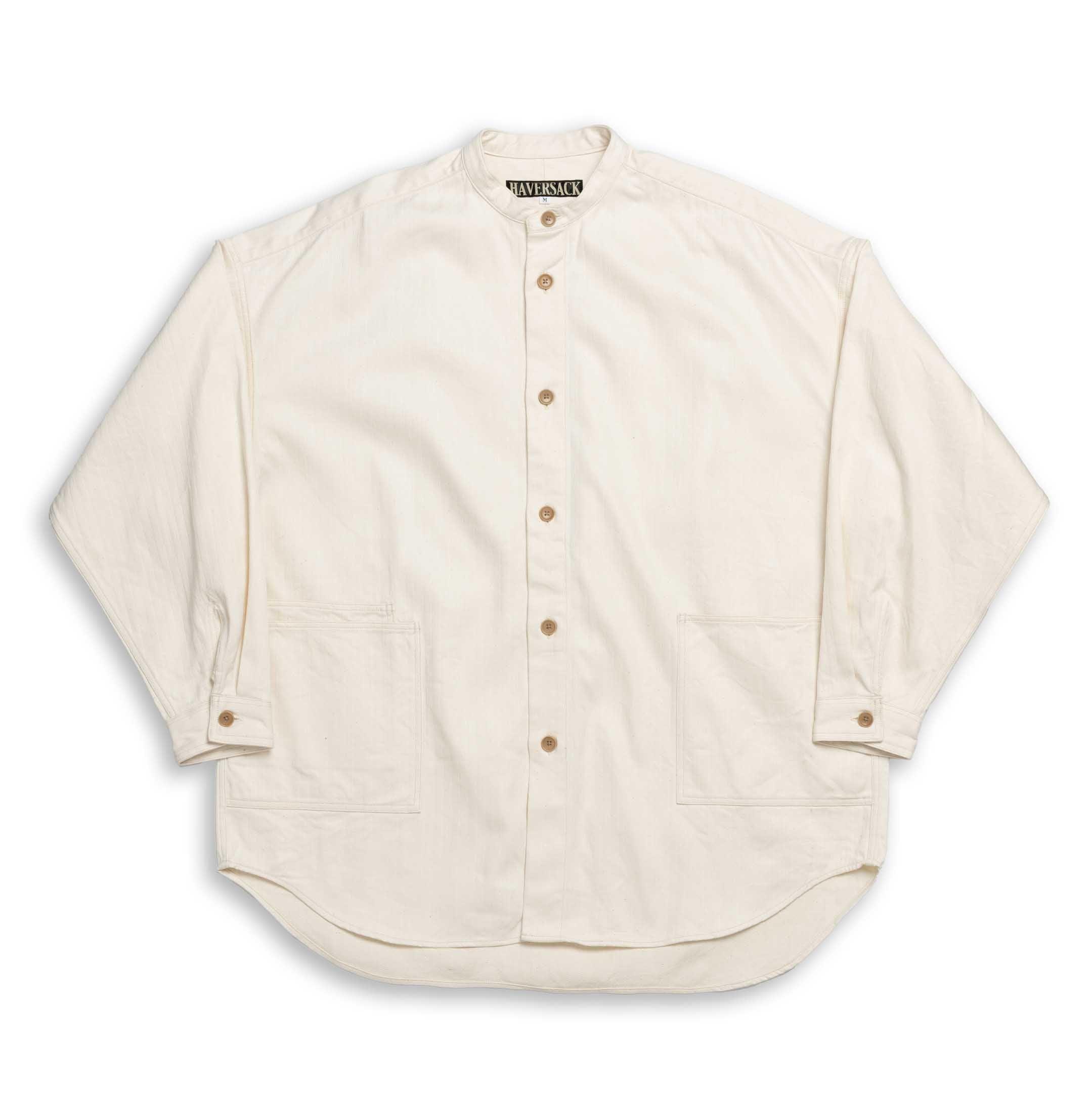Cotton/Linen Herringbone Band Collar Shirt Natural