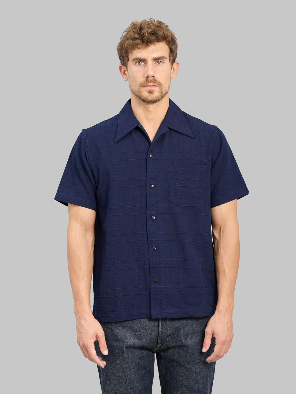 SOS26-ARS Indigo Sashiko Lattice Open Collar Shirt