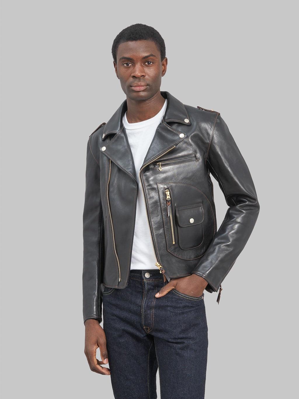 FN-LJ-HW004 Horsehide Double Rider's Jacket Black Semi-Aniline