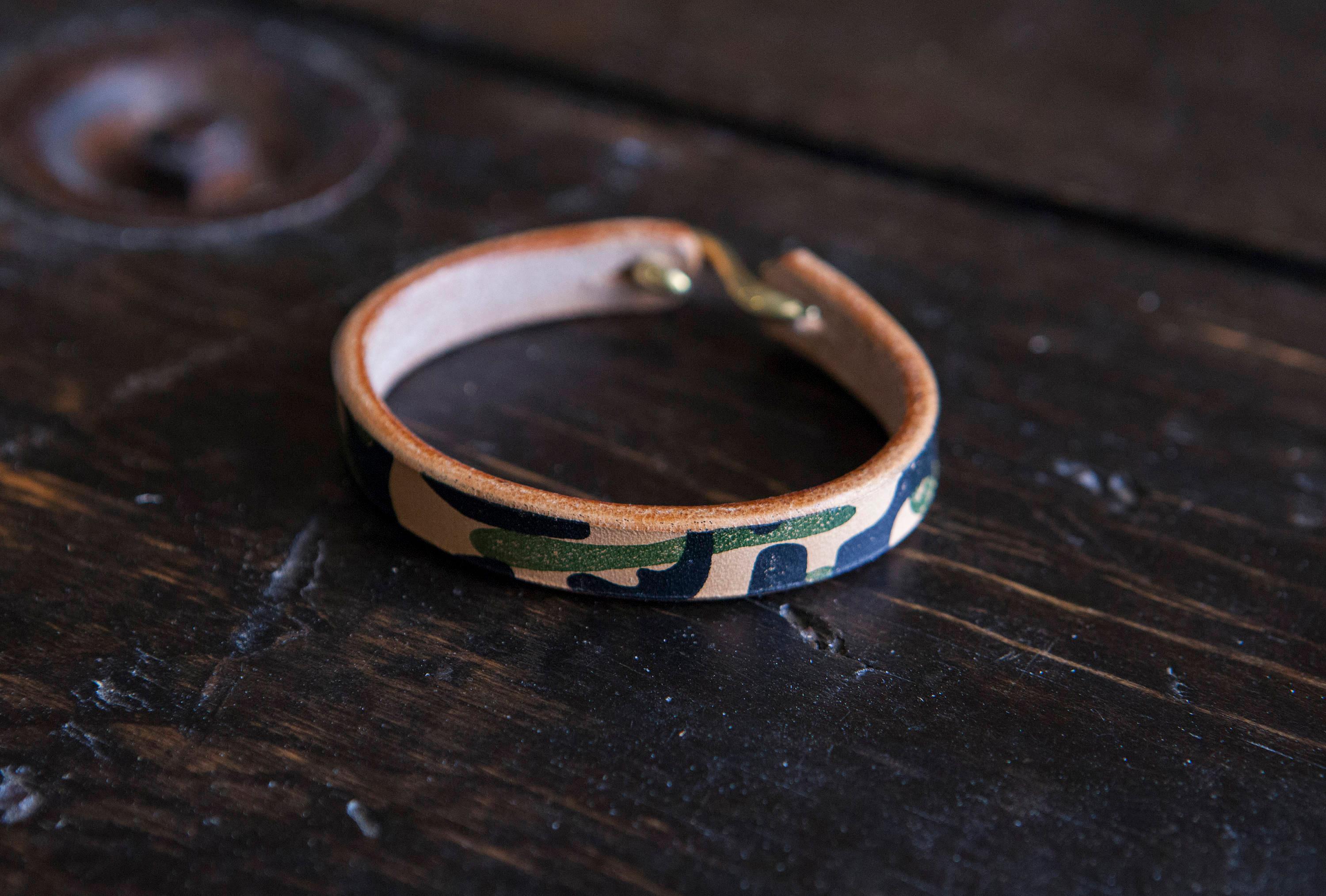 Hand Printed Camo Herman Oak Vegtan Leather Cuff with Solid Brass or Copper 'S' Clasp