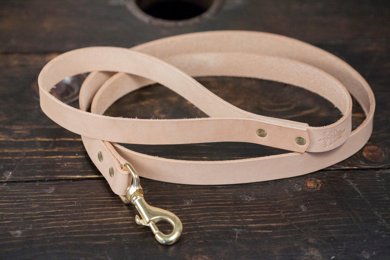 1" or 3/4" Natural Vegtan or Black Leather Dog Leash 5' with Brass Hardware - Made to Order