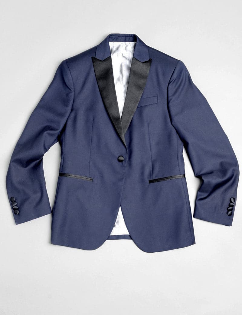 FINAL SALE: 2020 Version BKT50 Peak Lapel Tuxedo Jacket in Super 110s - Navy with Satin Lapel