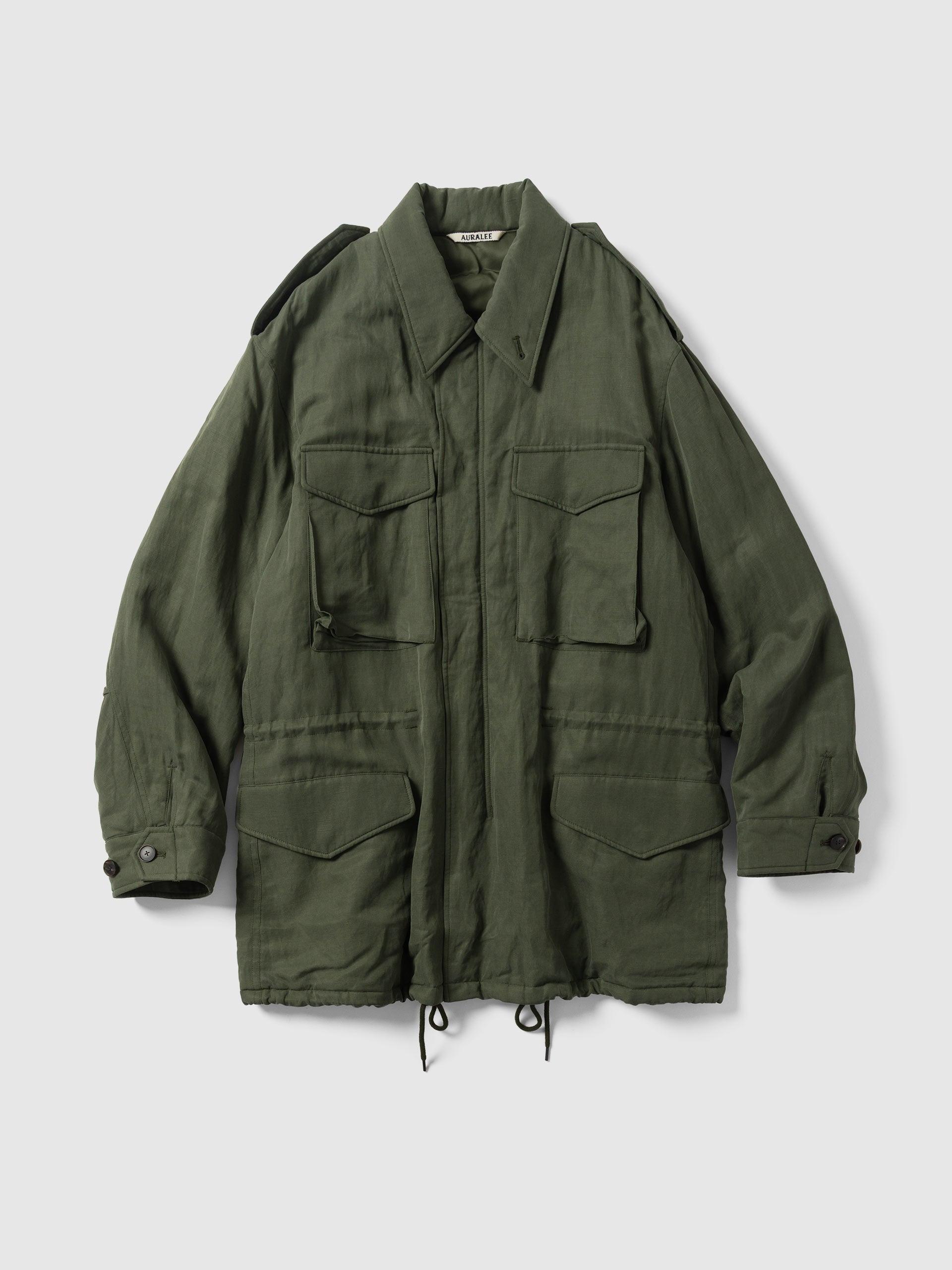 Brushed Silk Linen Satin Padded Military Blouson Olive