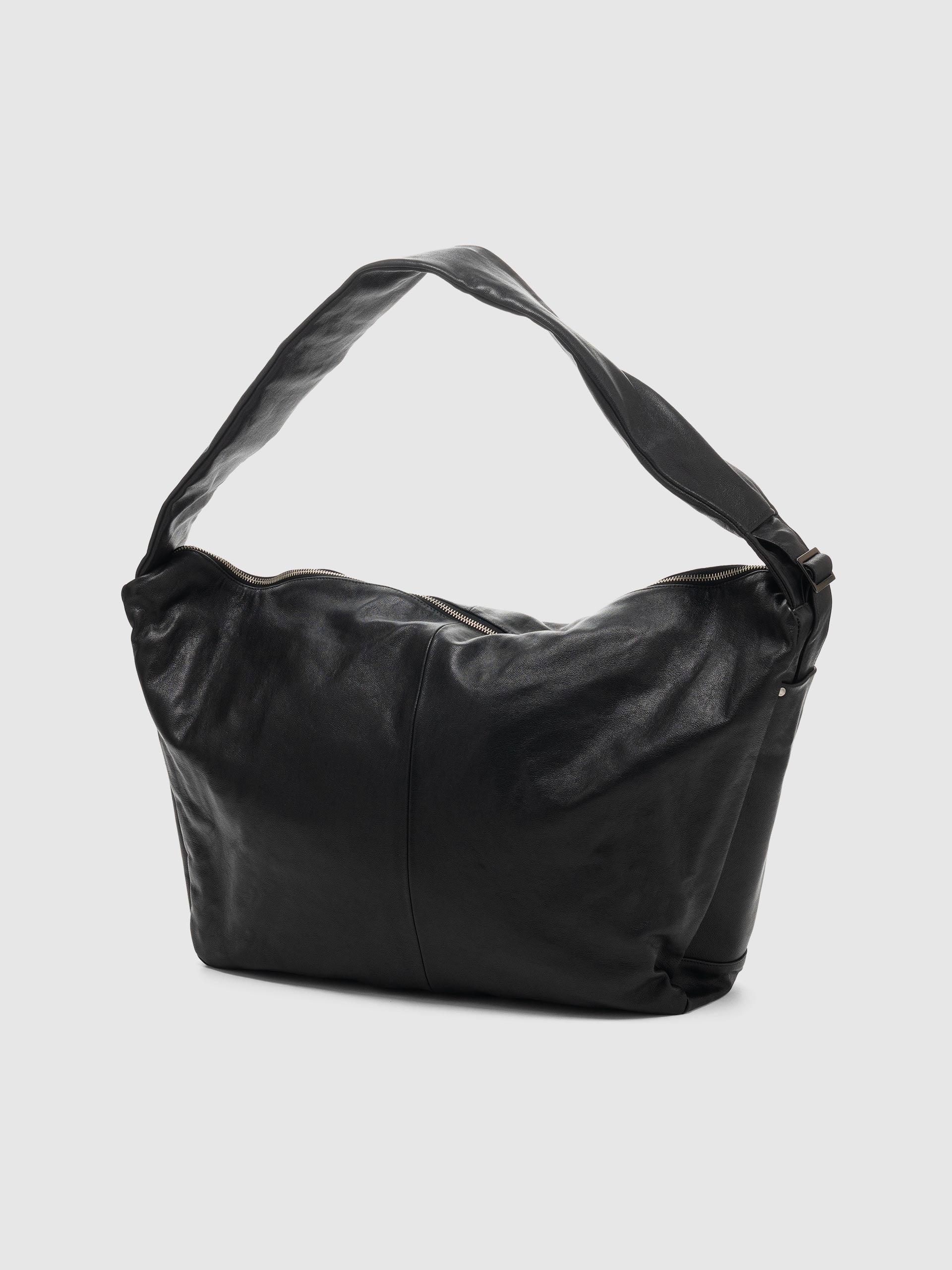 Goat Leather Shirring Handle Shoulder Bag Black