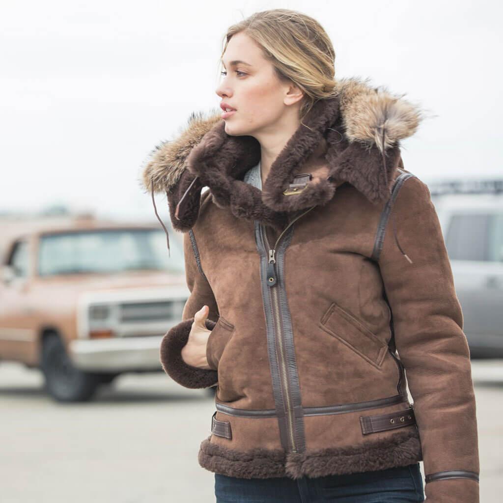 Women's Hooded B-3 Bomber Jacket in Brown W72N300