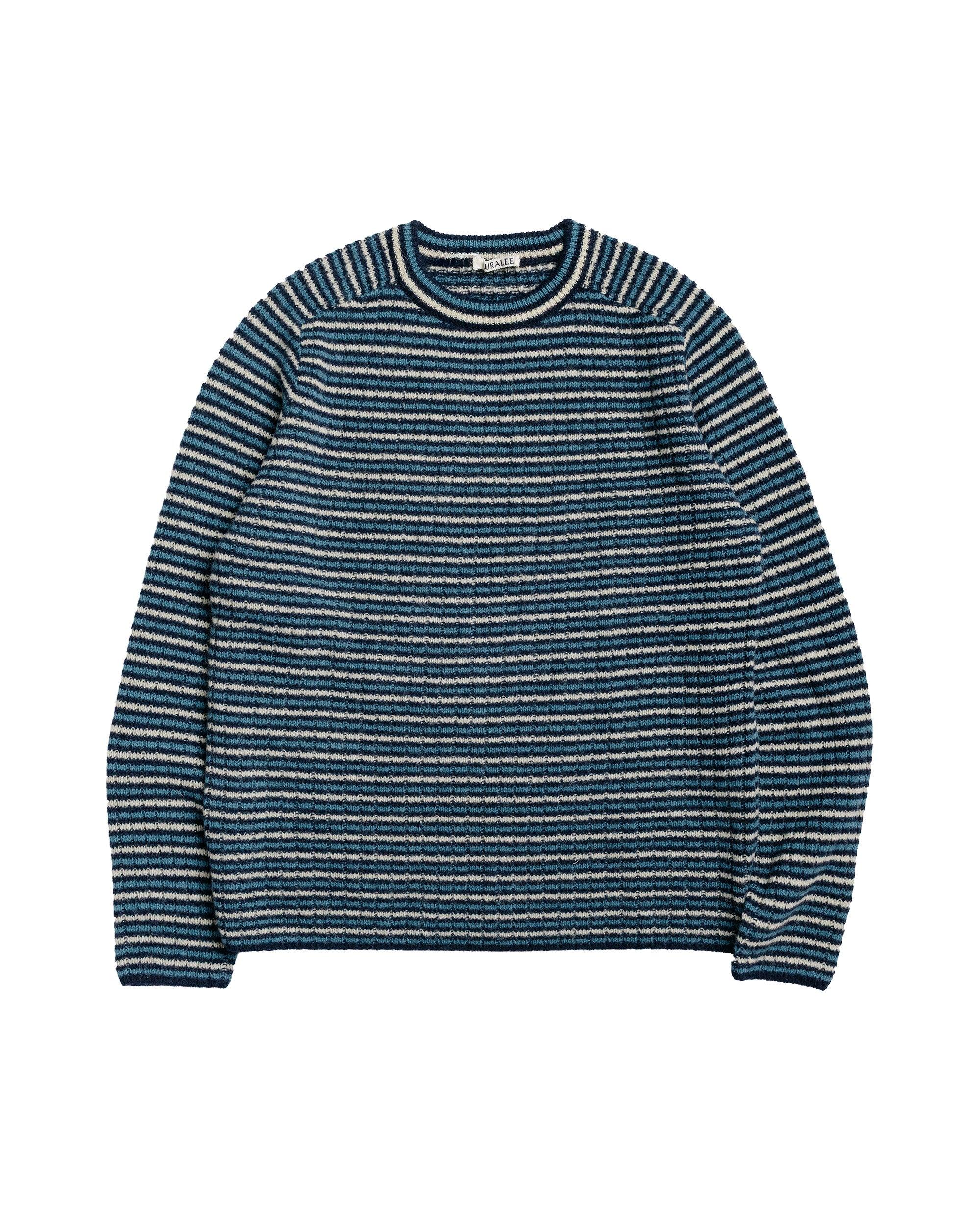 Shetland Wool Cashmere Rib Knit P/O Navy Stripe