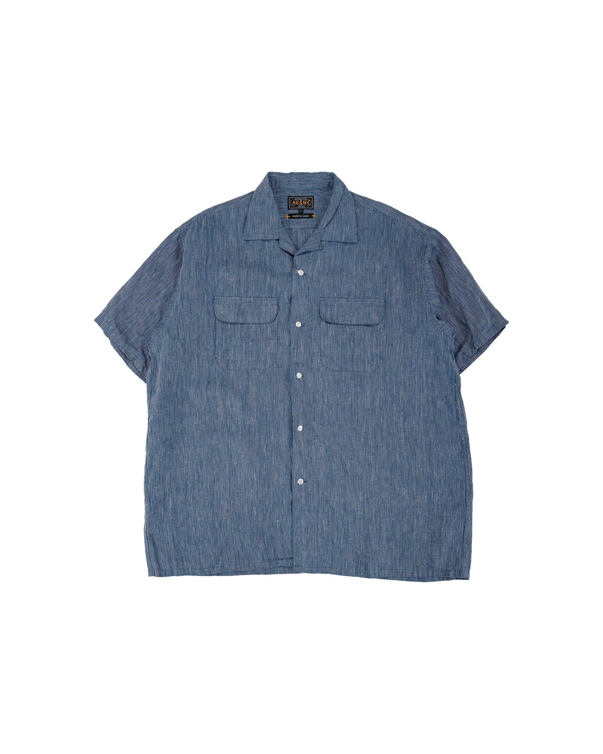 Open Collar Indigo Linen Stripe