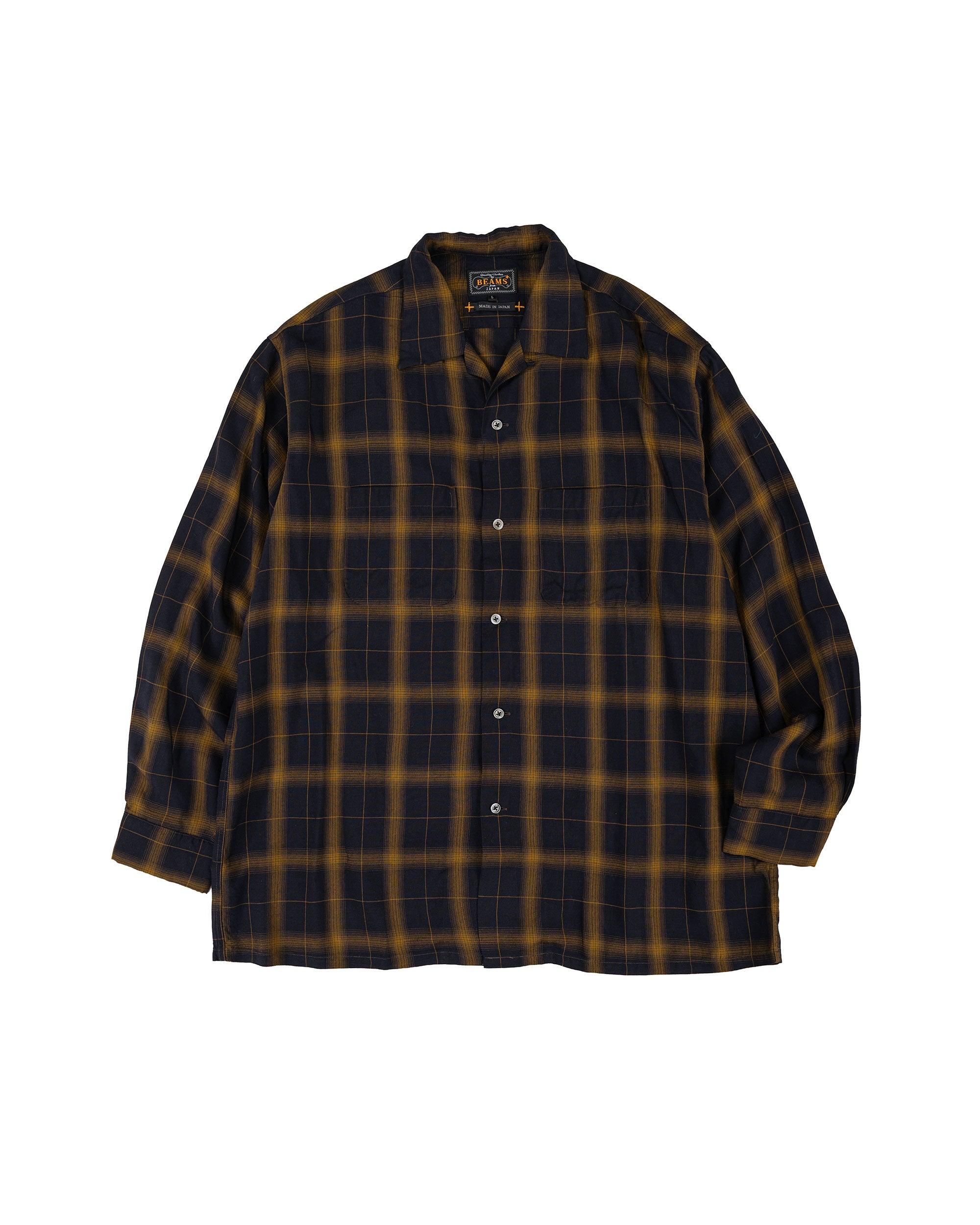Open Collar Ombre Plaid Black Mustard Ombre