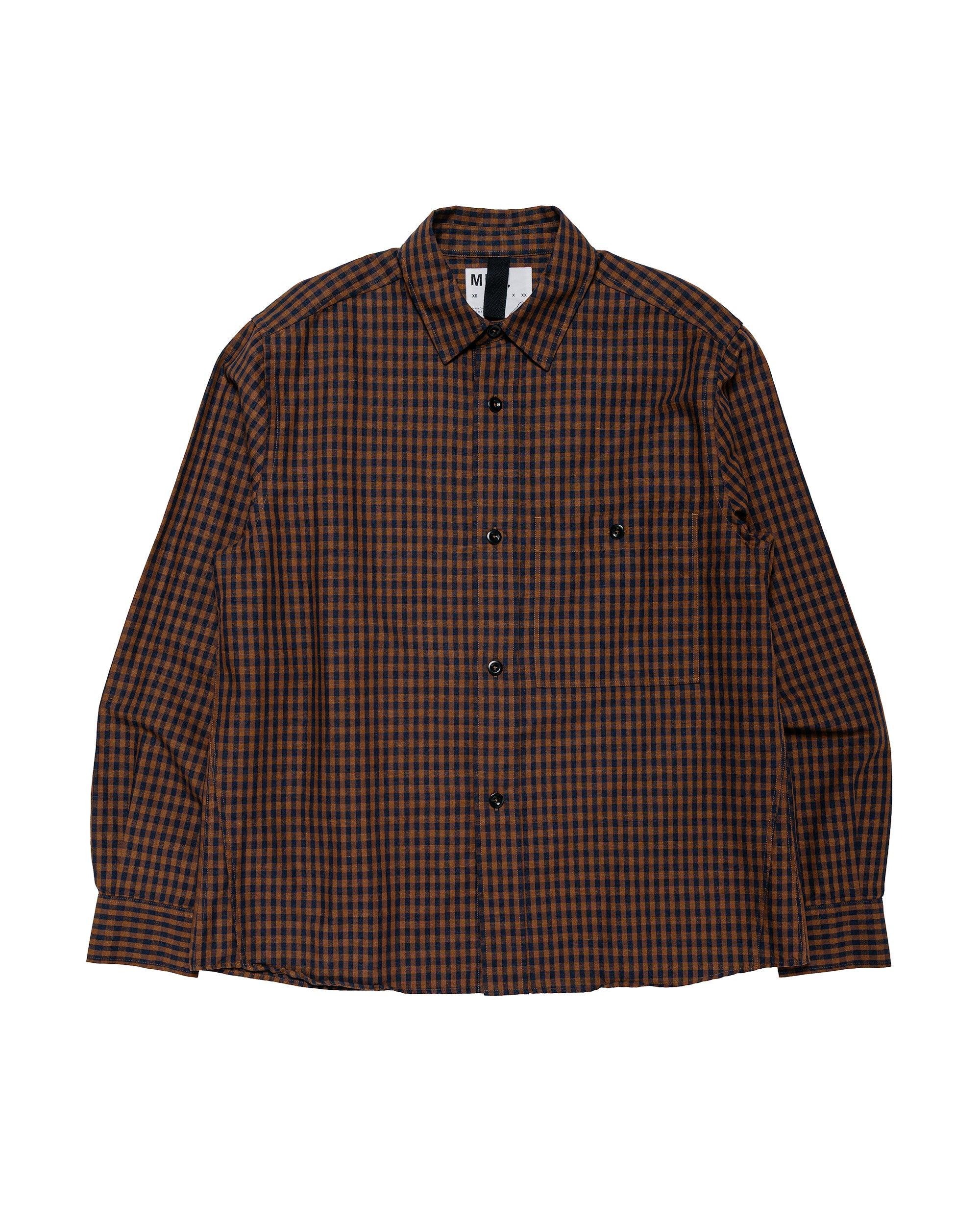 MHL Overall Shirt Irregular Cotton Linen Gingham Chestnut/Ink