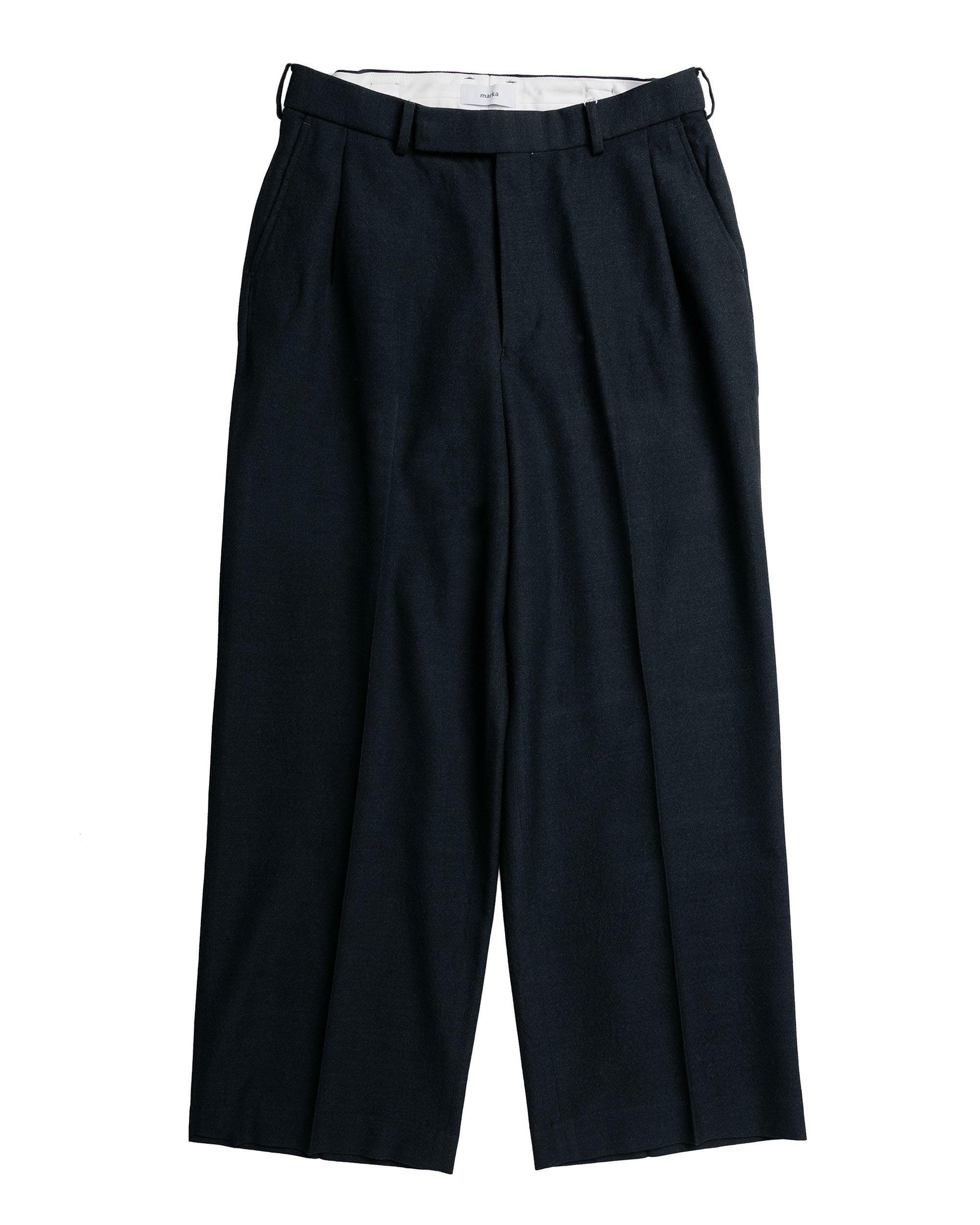 marka Single Pleat Wide Trousers Tumbled Wool Serge Chambray Black