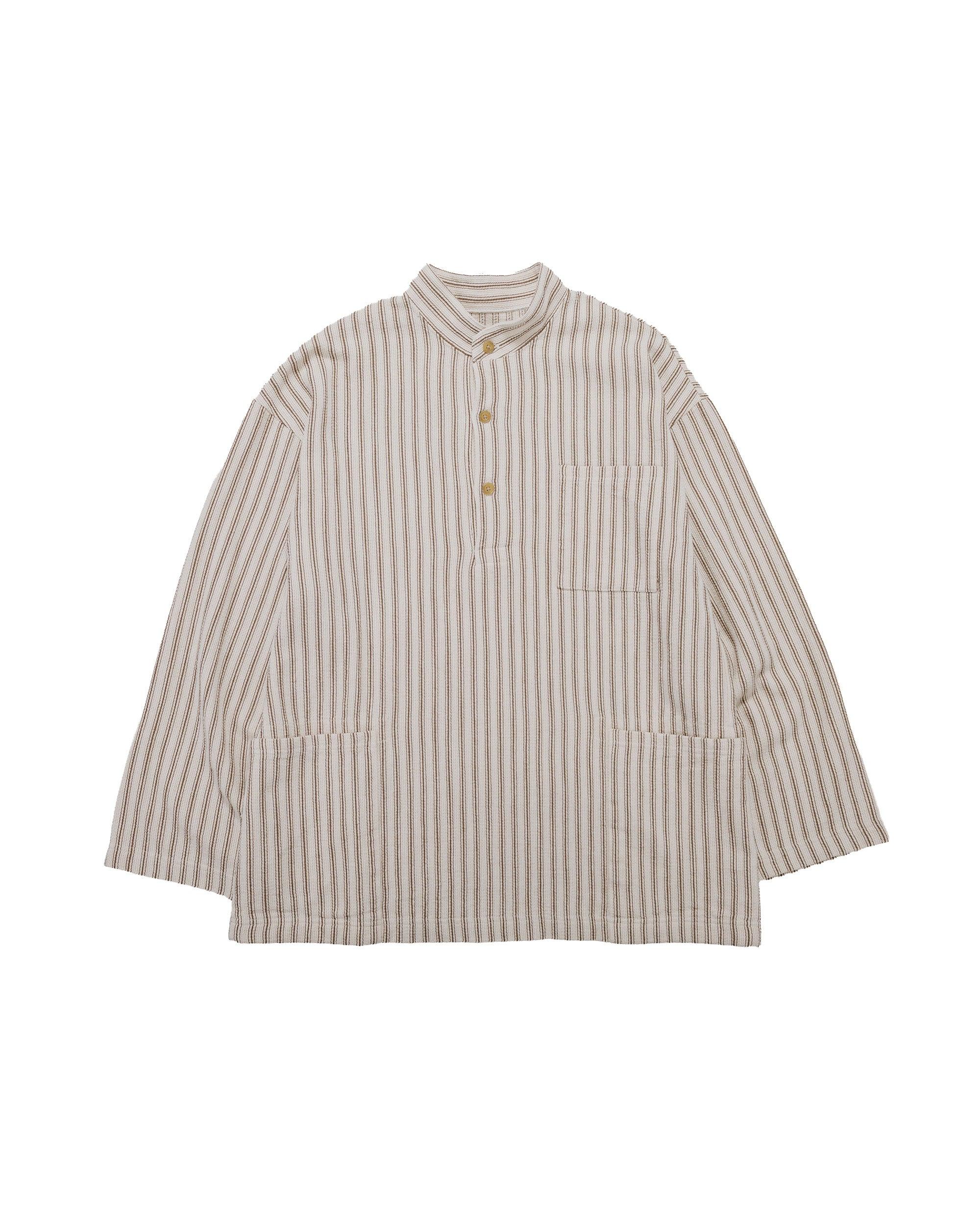 Pullover Work Shirt Jacket Rustic Stripe Cotton Mesh Cloth Brown