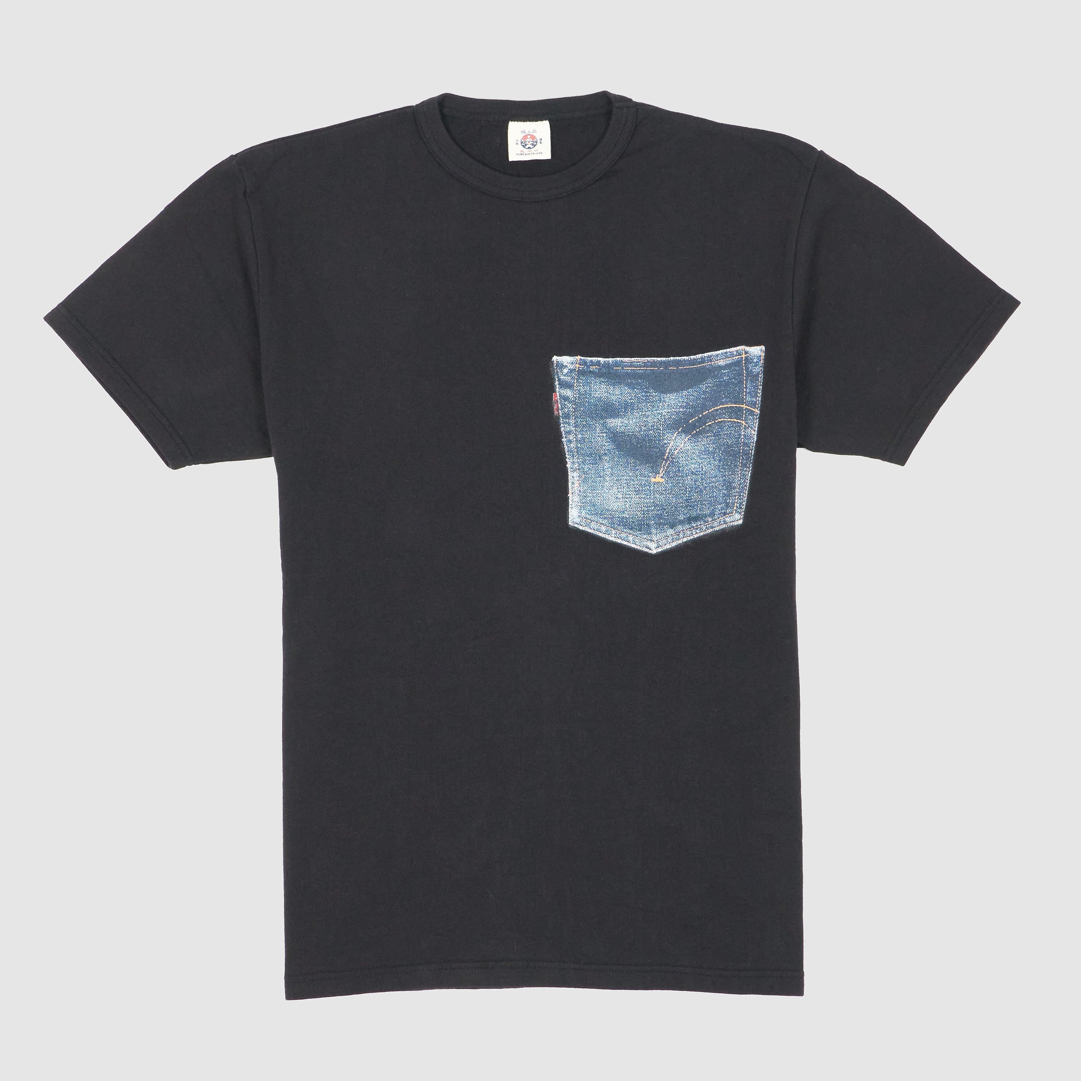 Short Sleeve Crew Neck Printed Denim Pocket T-Shirt
