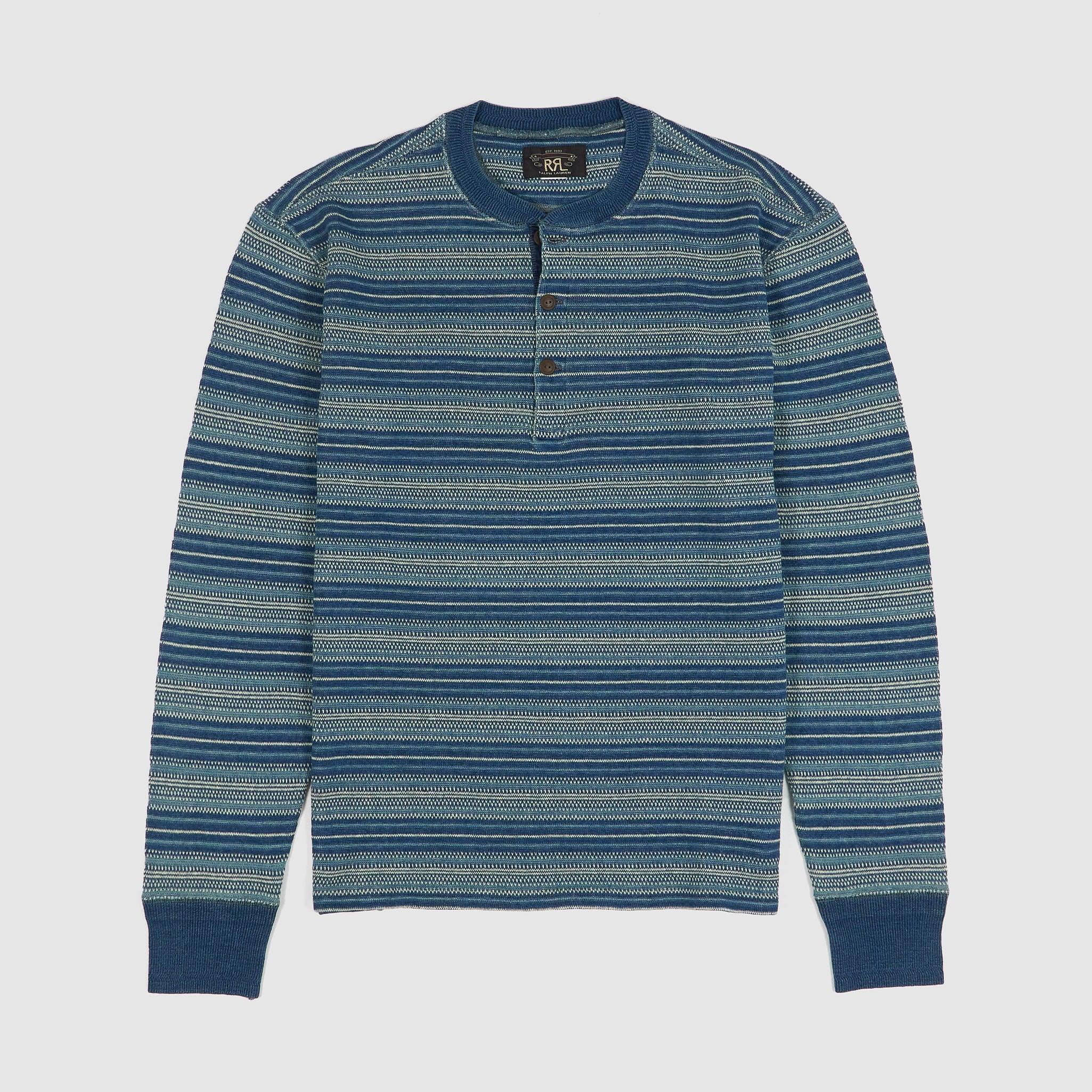 Long Sleeve Indigo Jacquard Henley Shirt