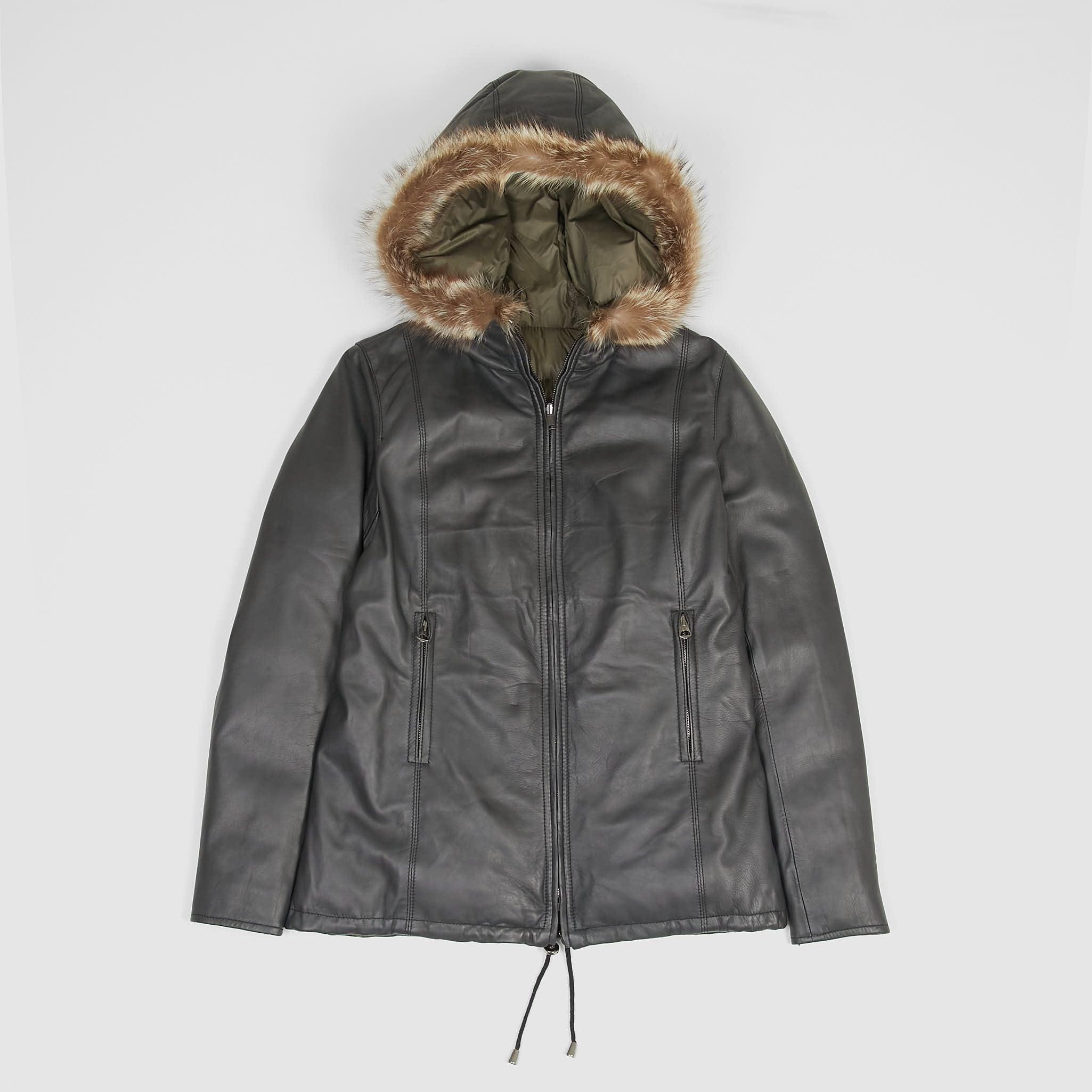 Ladies Reversible Down Hooded Leather Jacket