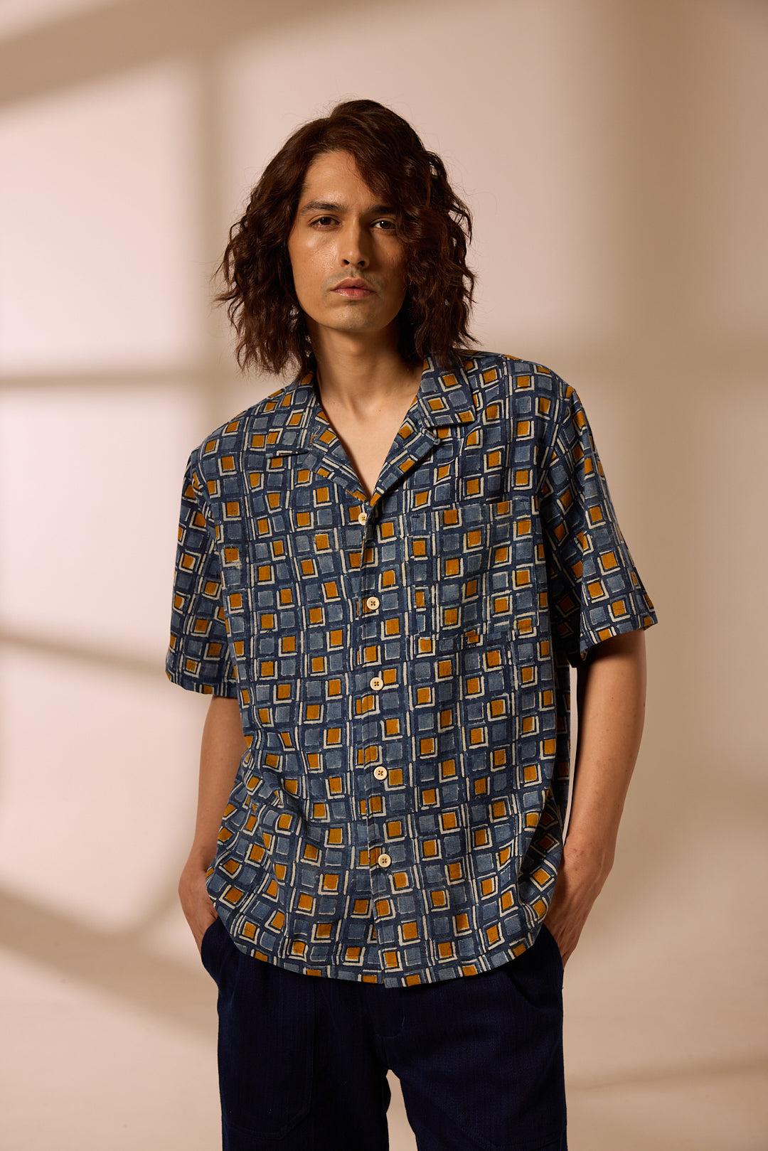 KHUSHI CAMP SHIRT - GRID PRINT INDIGO AND YELLOW