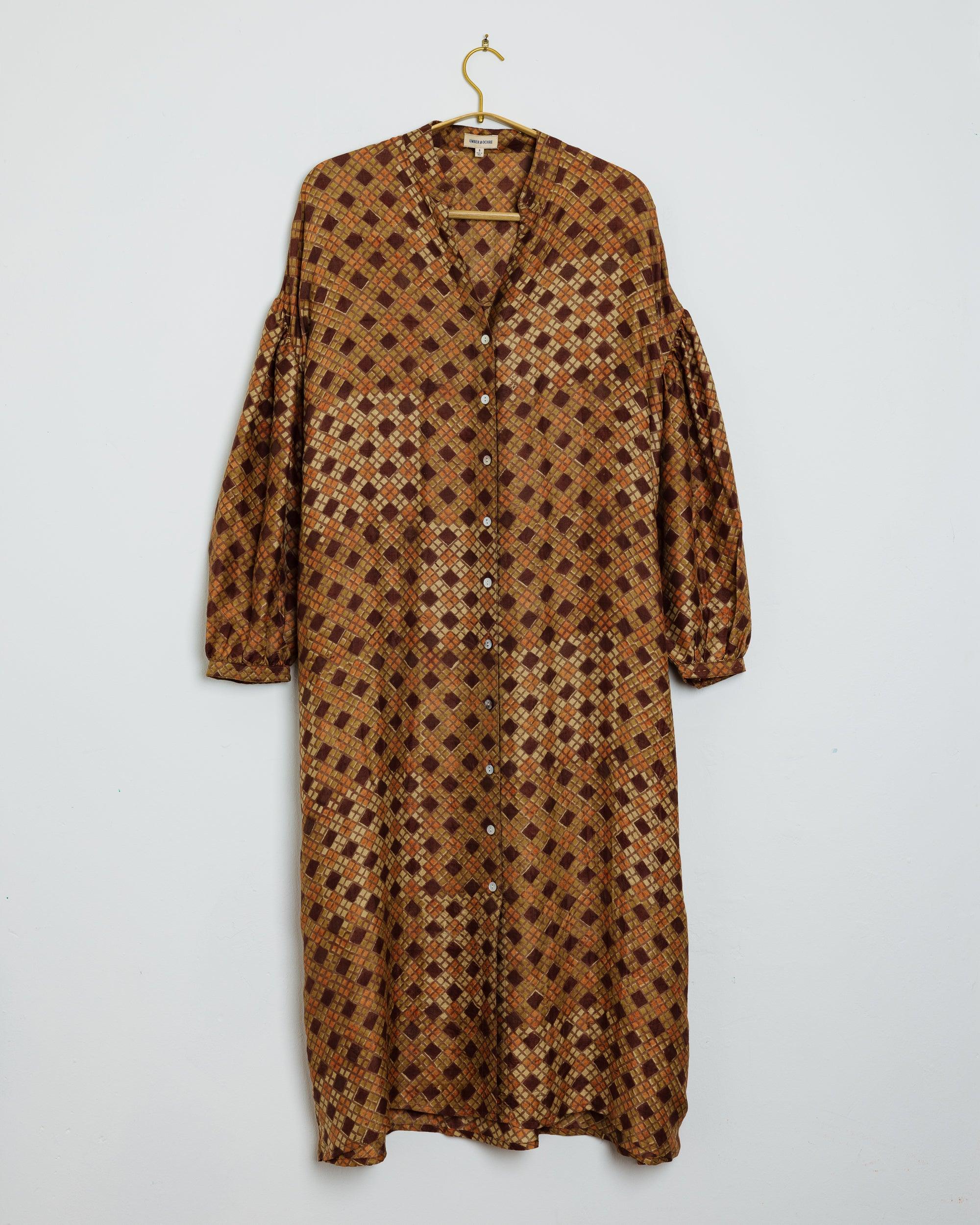 Mili Dress - Geometric Print on Silk in Brown