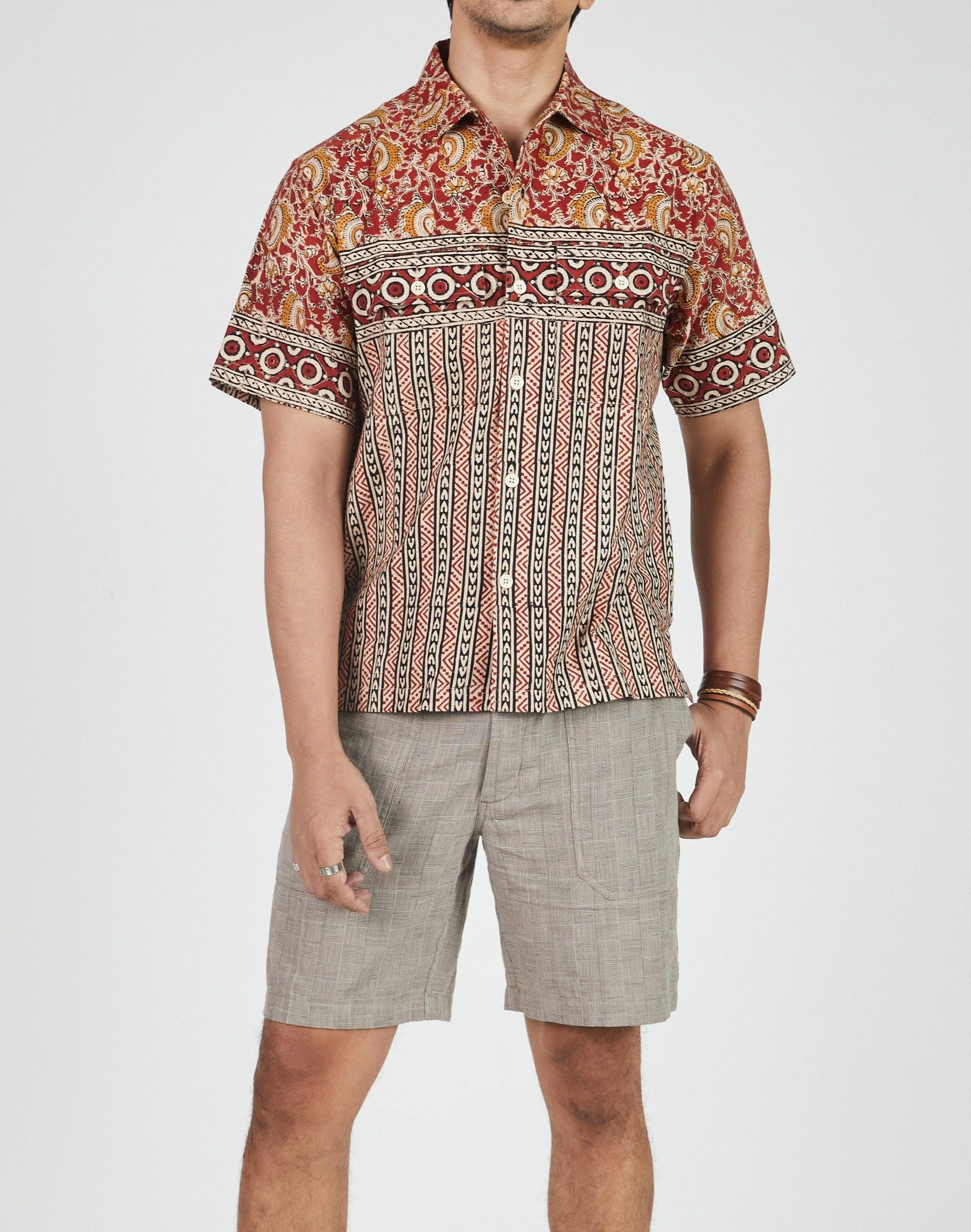 Harshil 2 Pocket Shirt in Paisley Stripe Border Block Print Madder