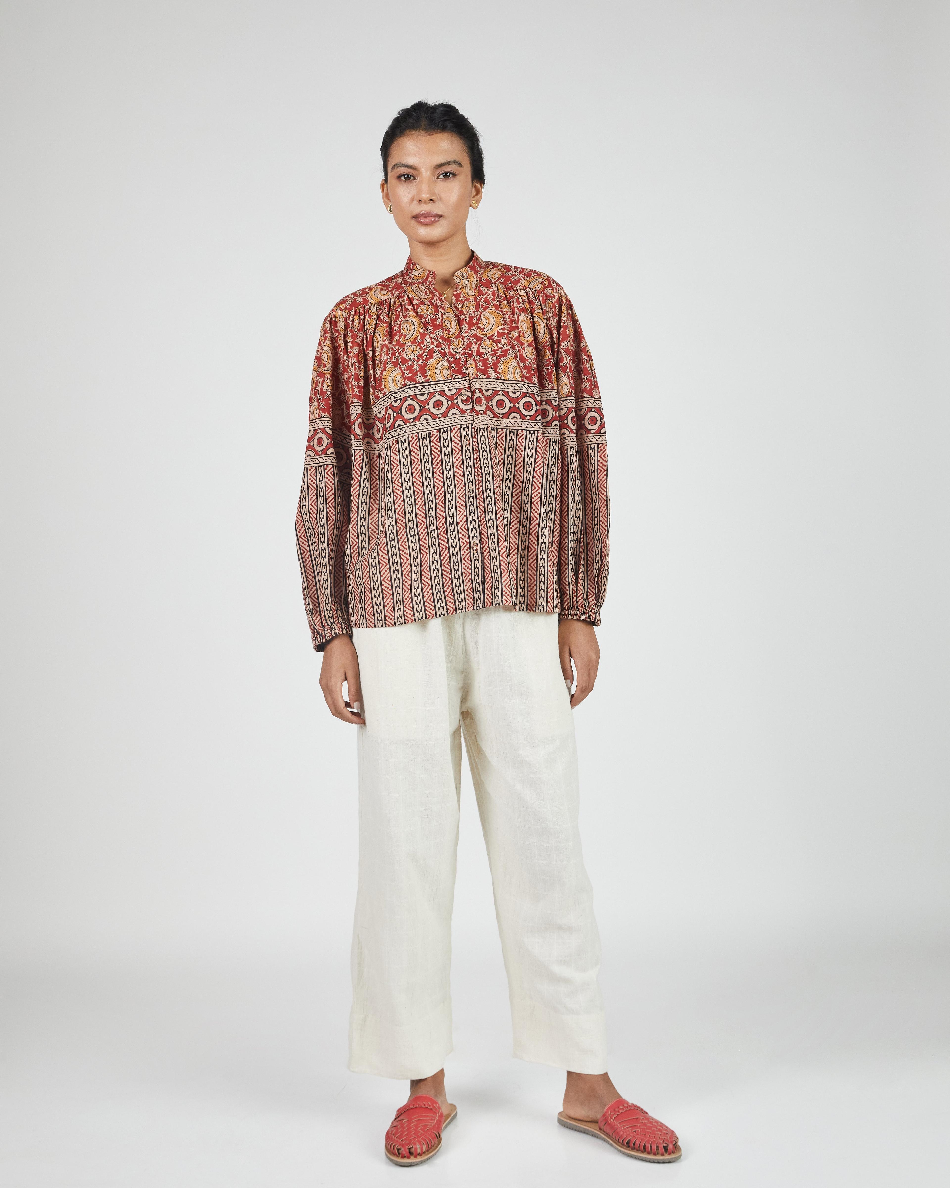 Sabrina Top in Paisley Stripe Border Print Madder