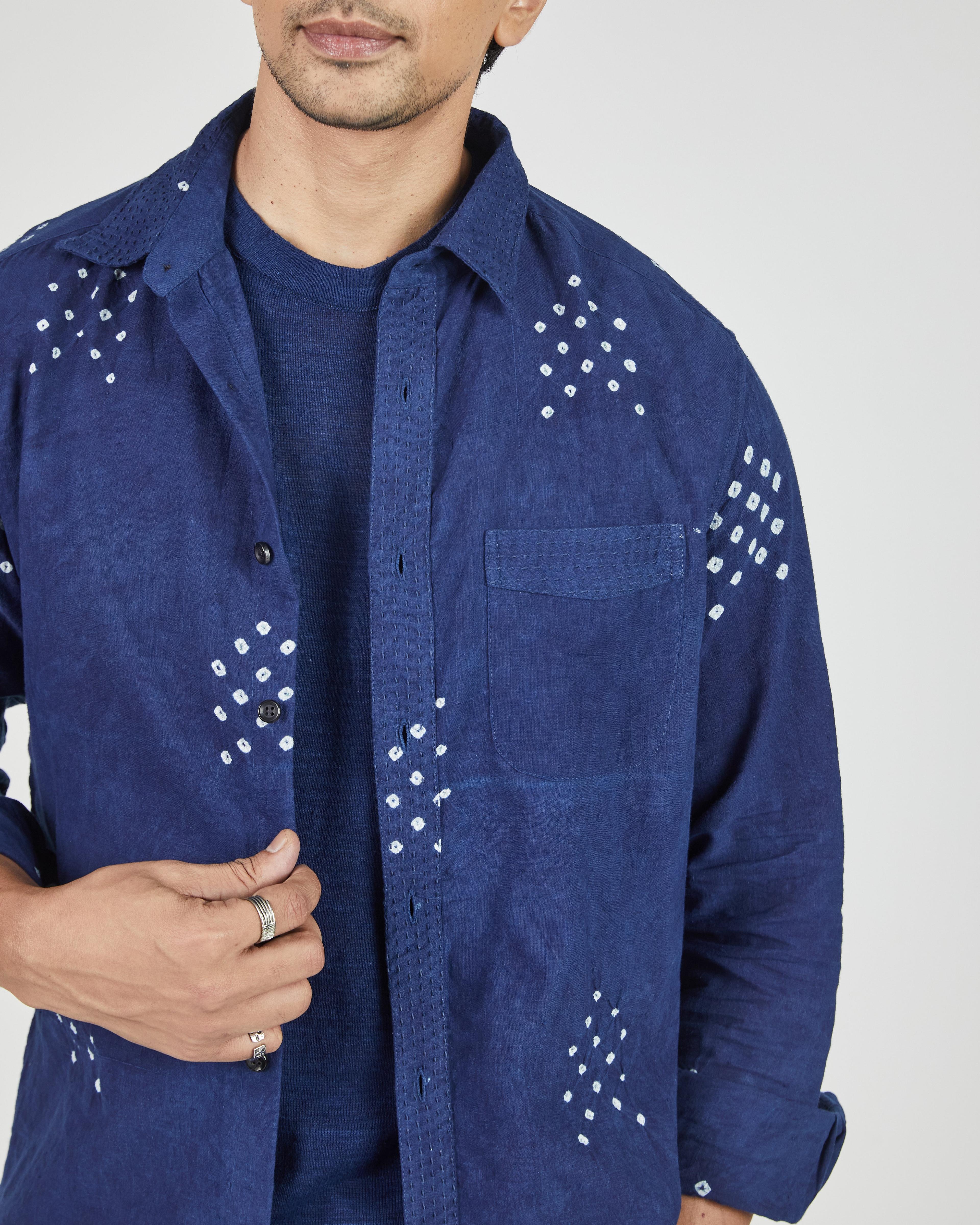 Kabir Standard Shirt w/Saddle Stitch in Arrow Bandhani Indigo Muslin