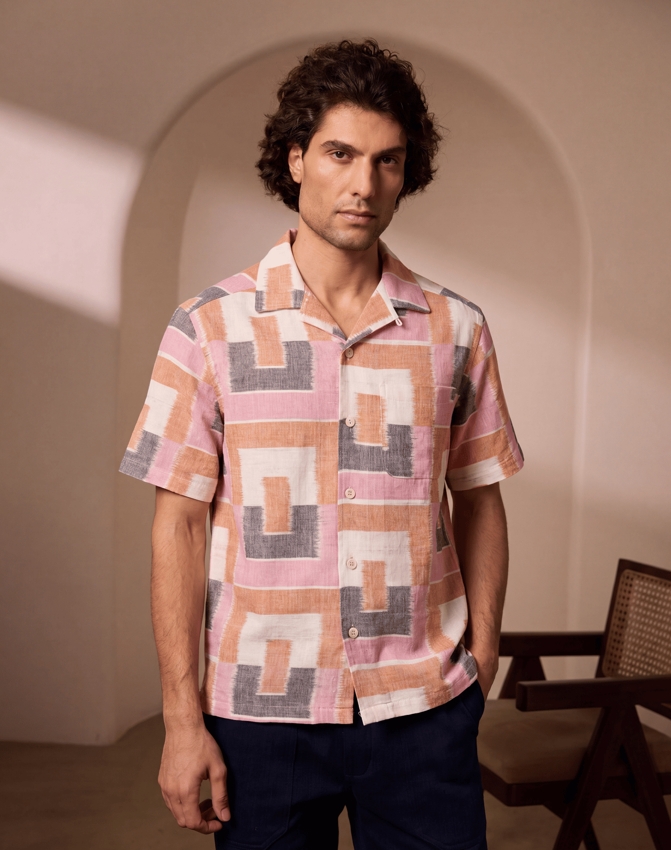 Khushi Camp Shirt Cotton Kora With Ikkat Blocks in Rose