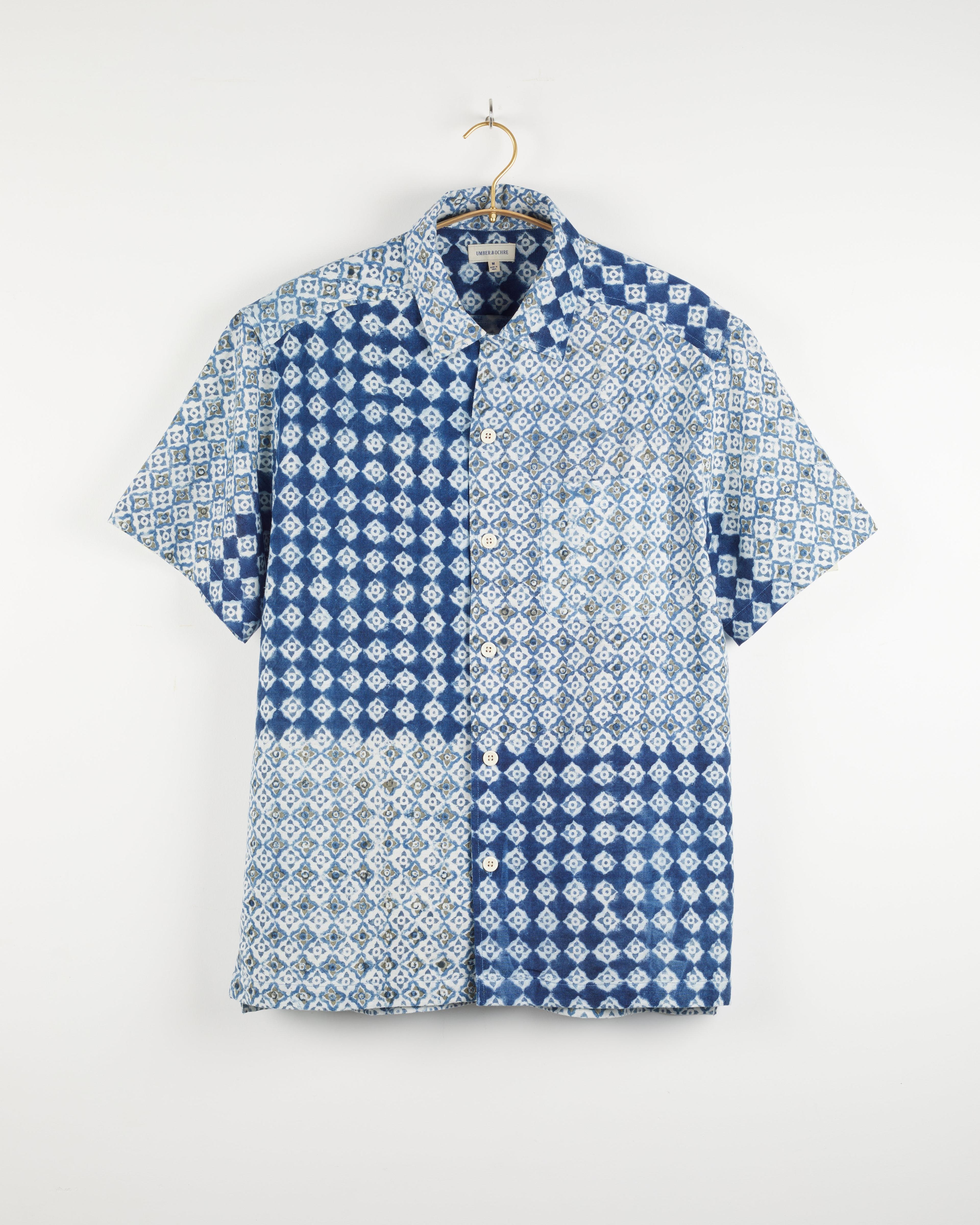 Khushi Camp Shirt in Engineering Tile Print Indigo