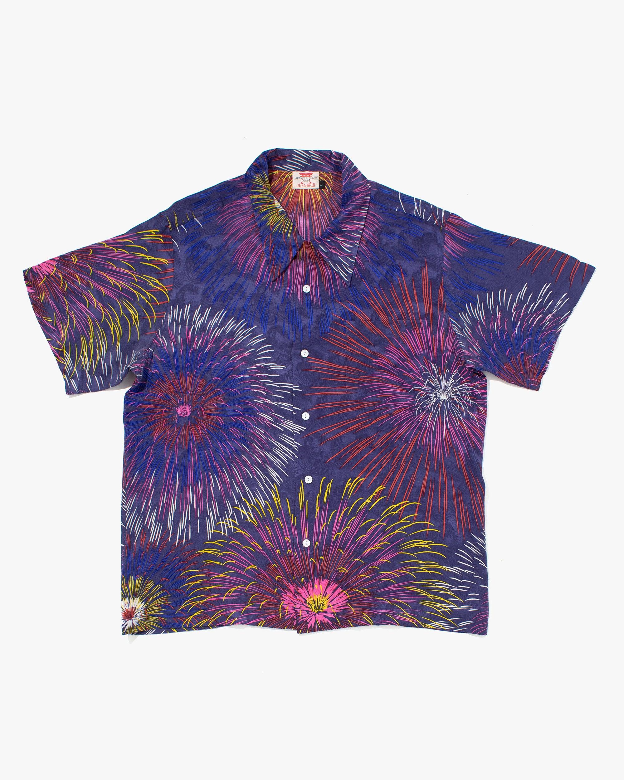 , Short Sleeve Aloha Shirt, Japanese Classic Script, Fireworks - L