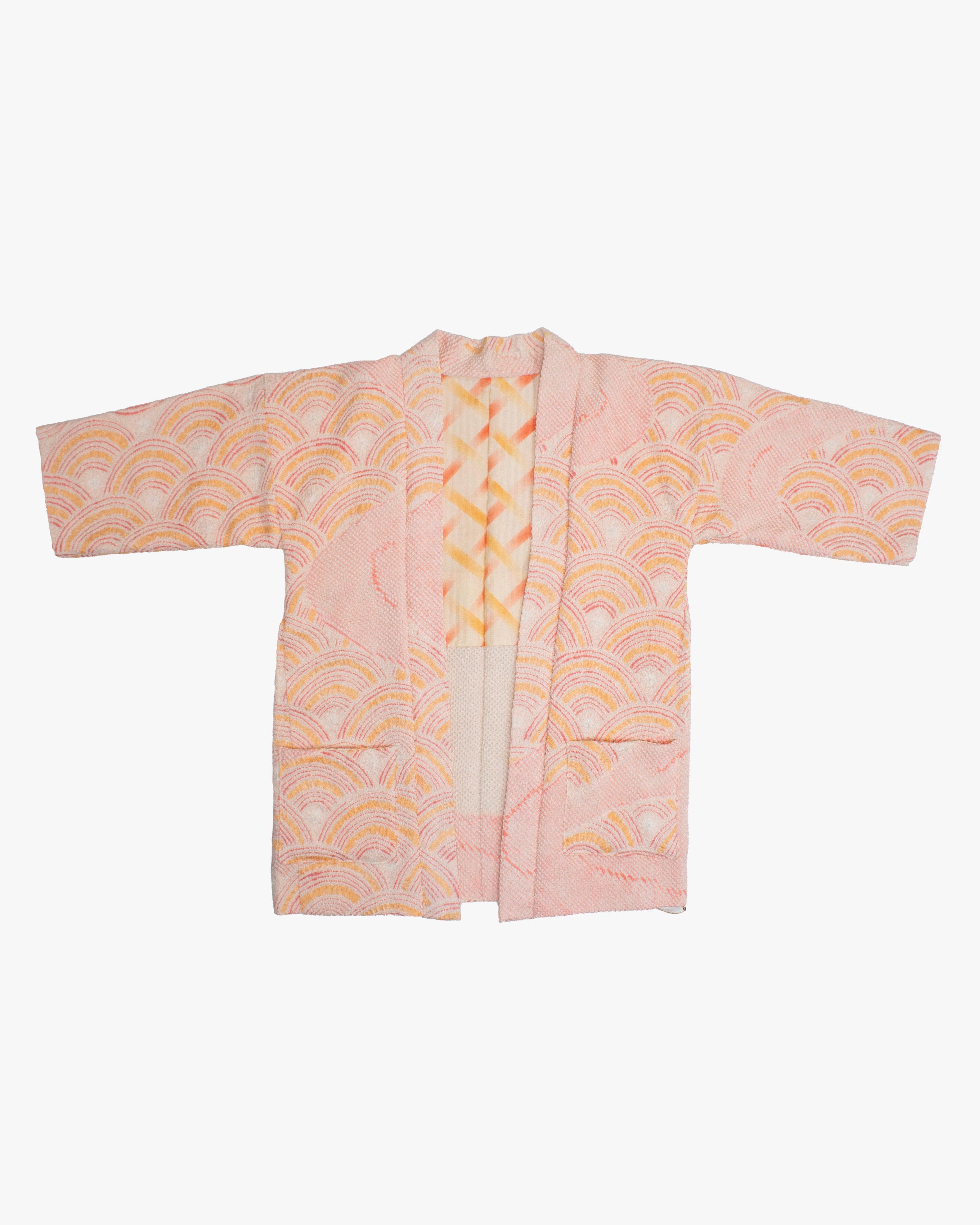 Kiriko Custom, Altered Haori Jacket, Full Shibori, Seigaiha, Light Pink and Orange