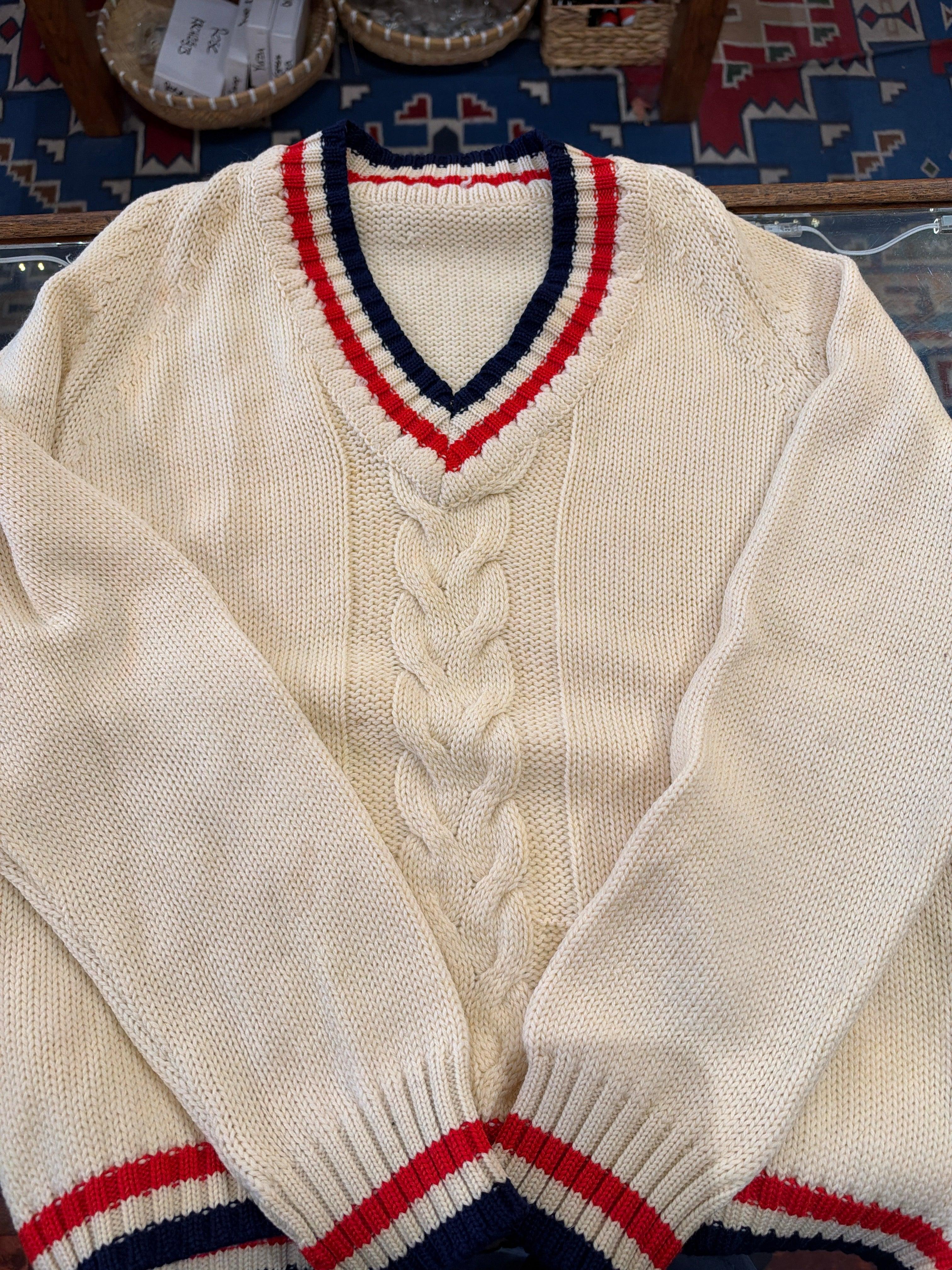 U.S. Vintage Sweater, Cream with Blue and Red Bordering