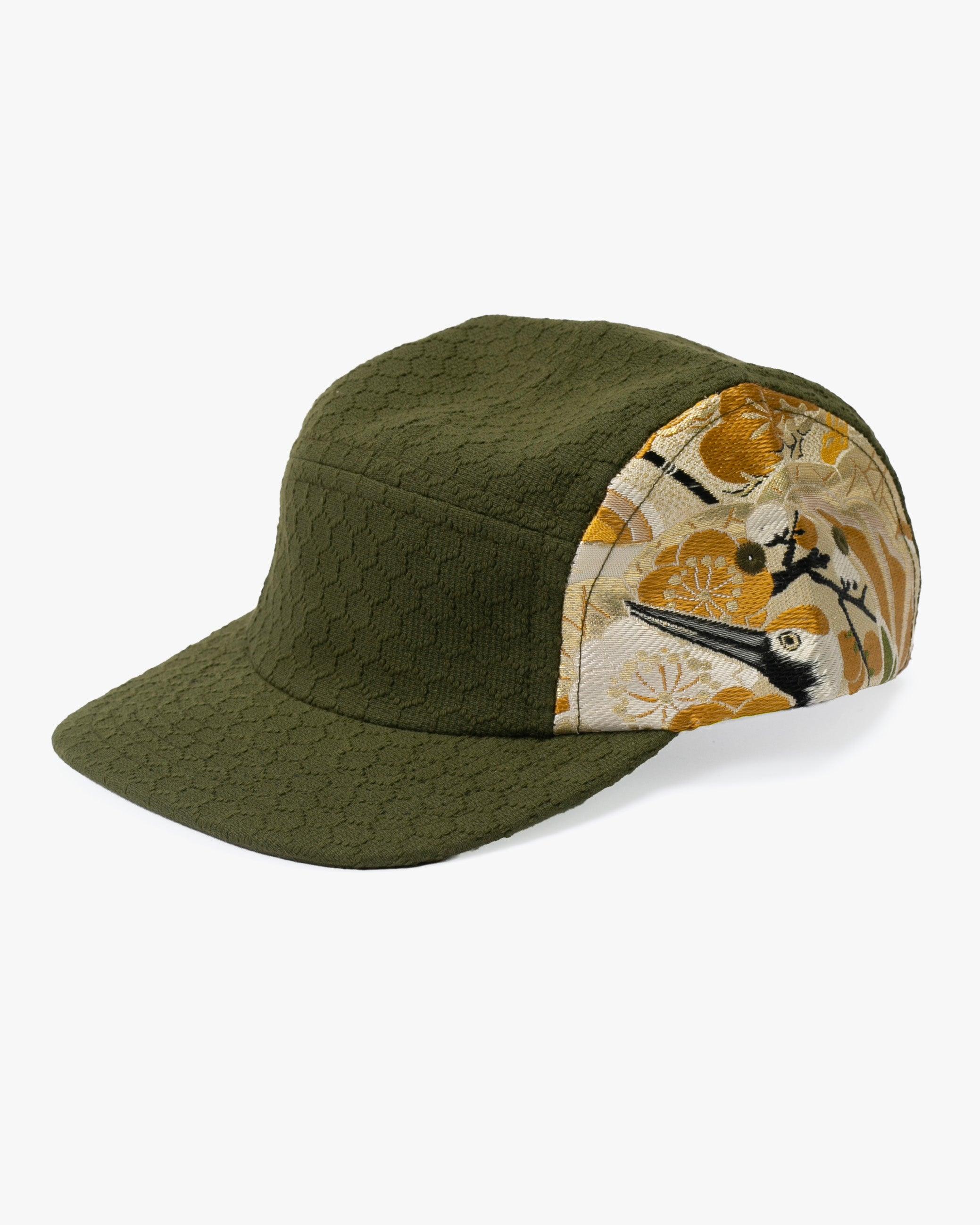 Kiriko Original Cap, 5-Panel, Kikkou Sashi-Ori & Maru-Obi, Olive with Tsuru and Floral