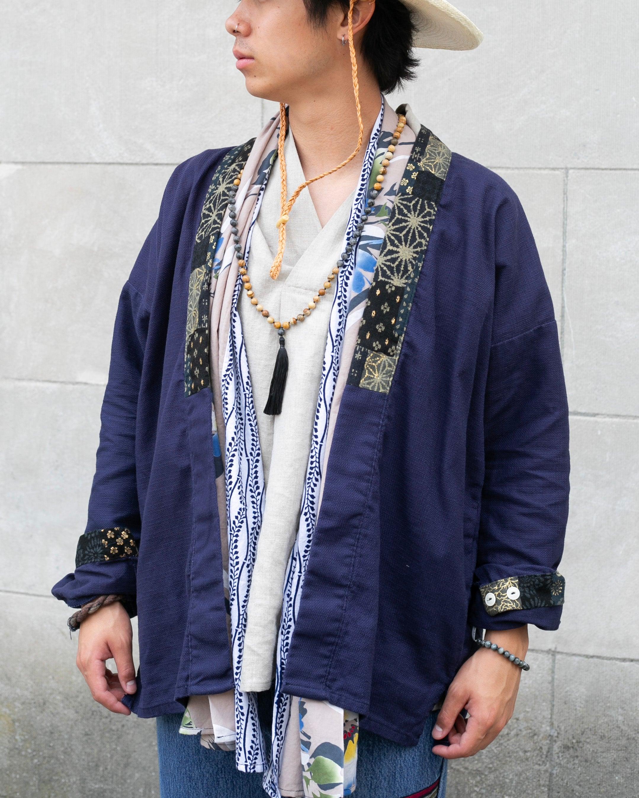 Kiriko Original Jacket, Modern Noragi, Indigo and Multi Patchwork, Dark Teal and Gold