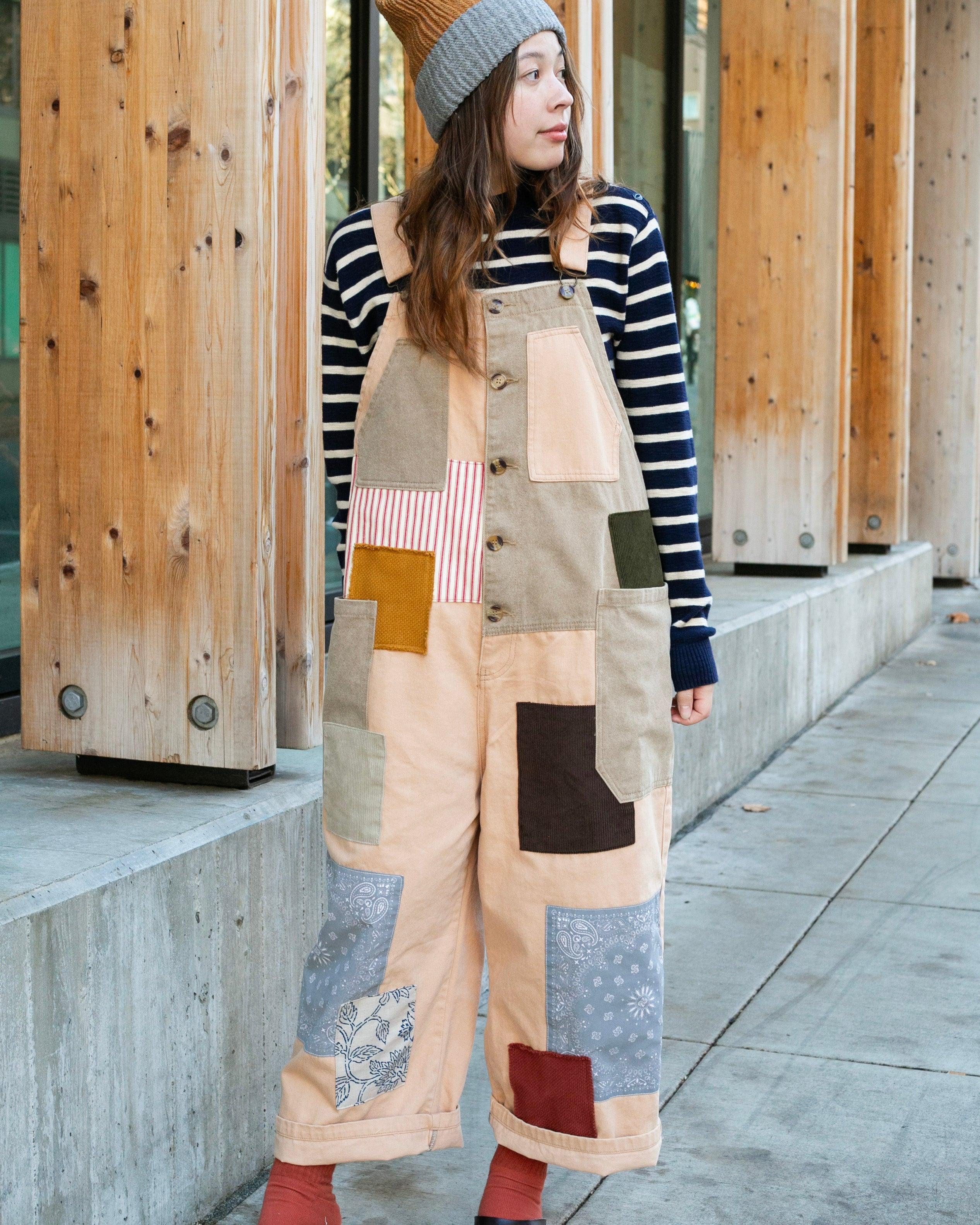 Kiriko Custom Patched Overalls, Colorblock Canvas, Tan