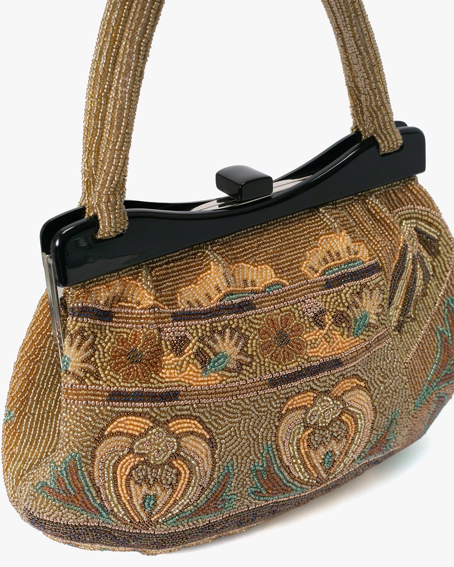 Vintage Bag, Purse, Beaded, Gold with Multi Designs and Clasp