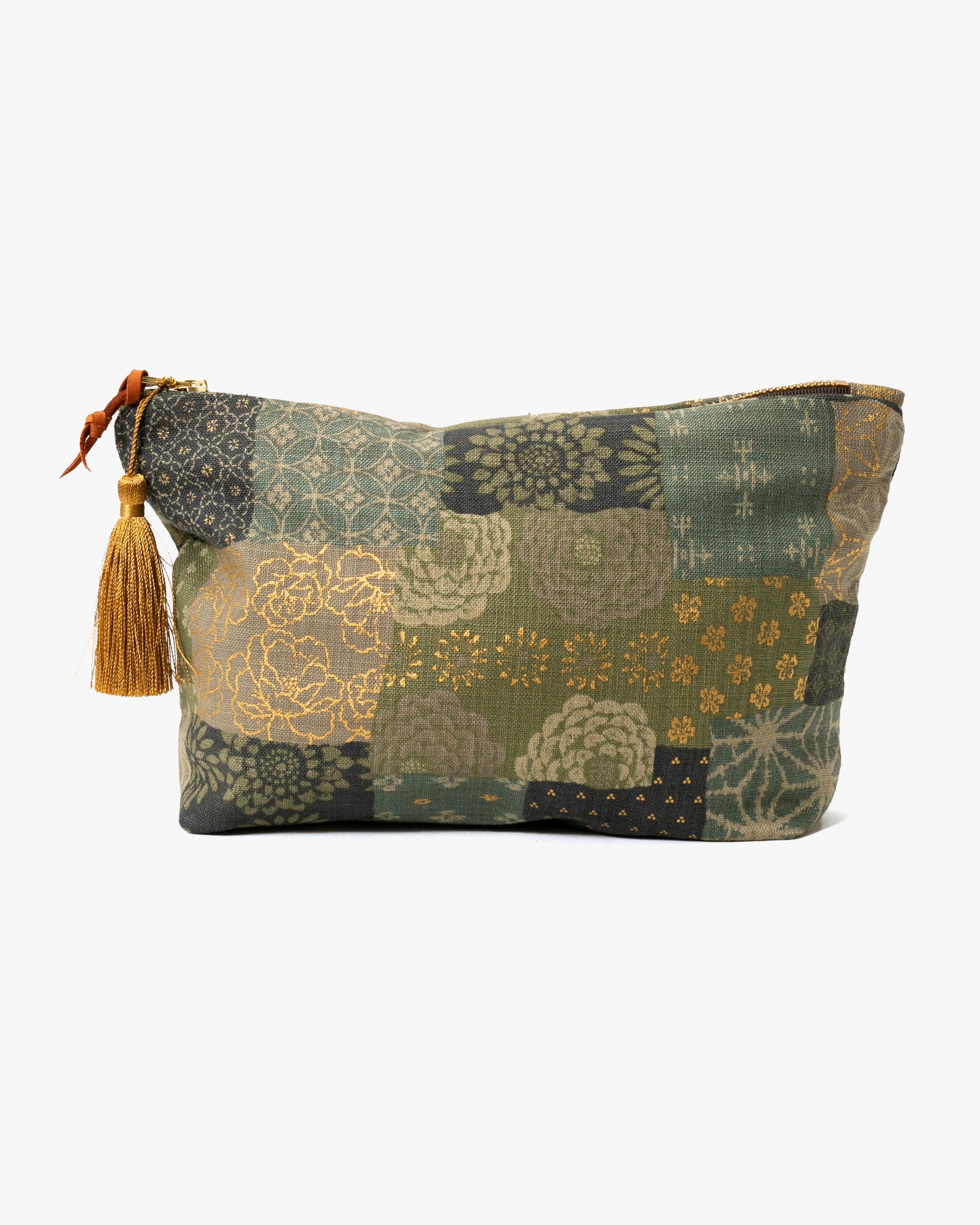 Kiriko Original  Stand-Up Pouch, Multi Patchwork, Sage and Gold with Tassle