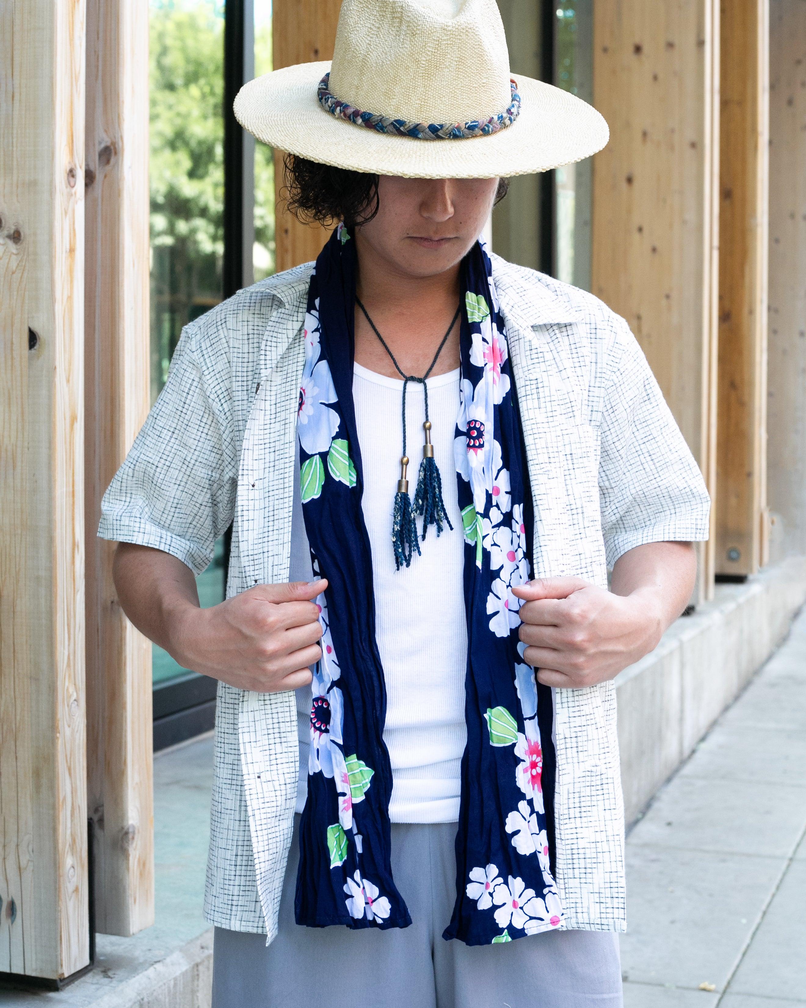 Kiriko Original Scarf, Kiji, Yukata,Shima Dark Indigo with White Flowers and Red Accents