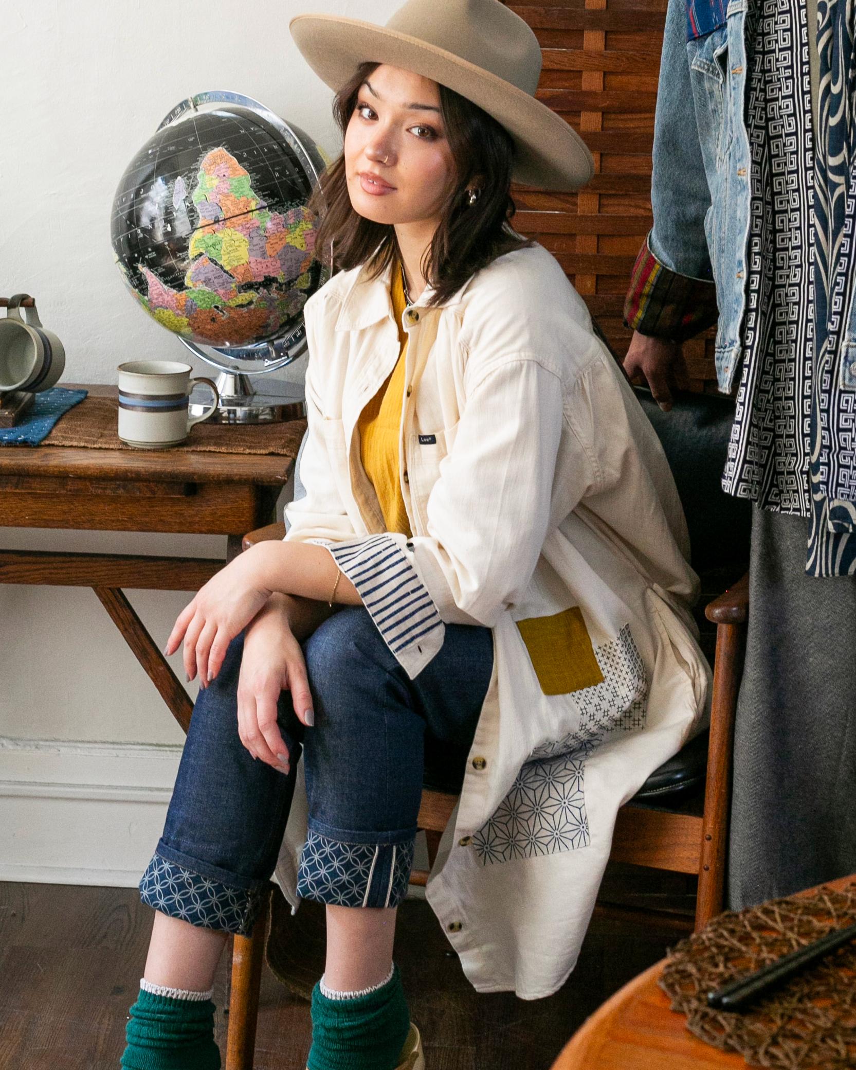 Kiriko Custom Patched Lee Shirt Dress, Cream