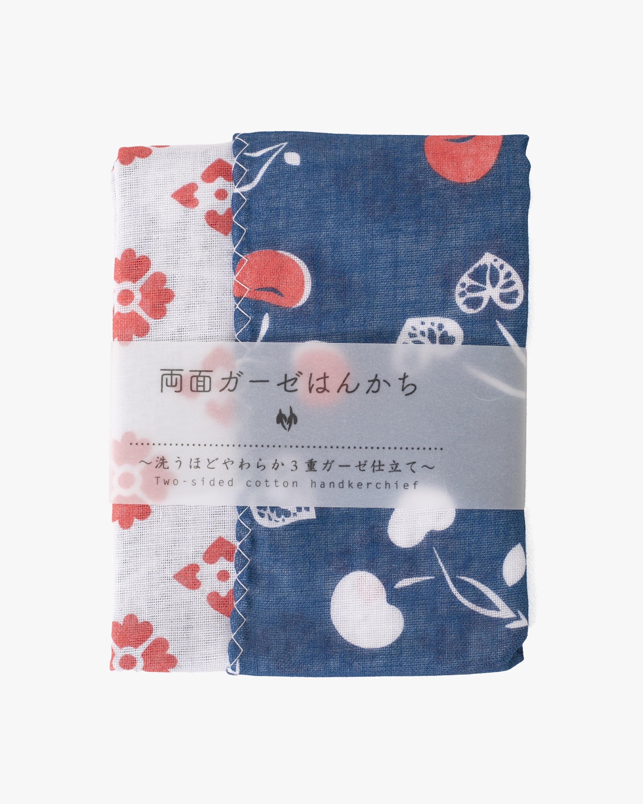 , Two-Sided Cotton Handkerchief, Blue and White Cherries with Hanabishi