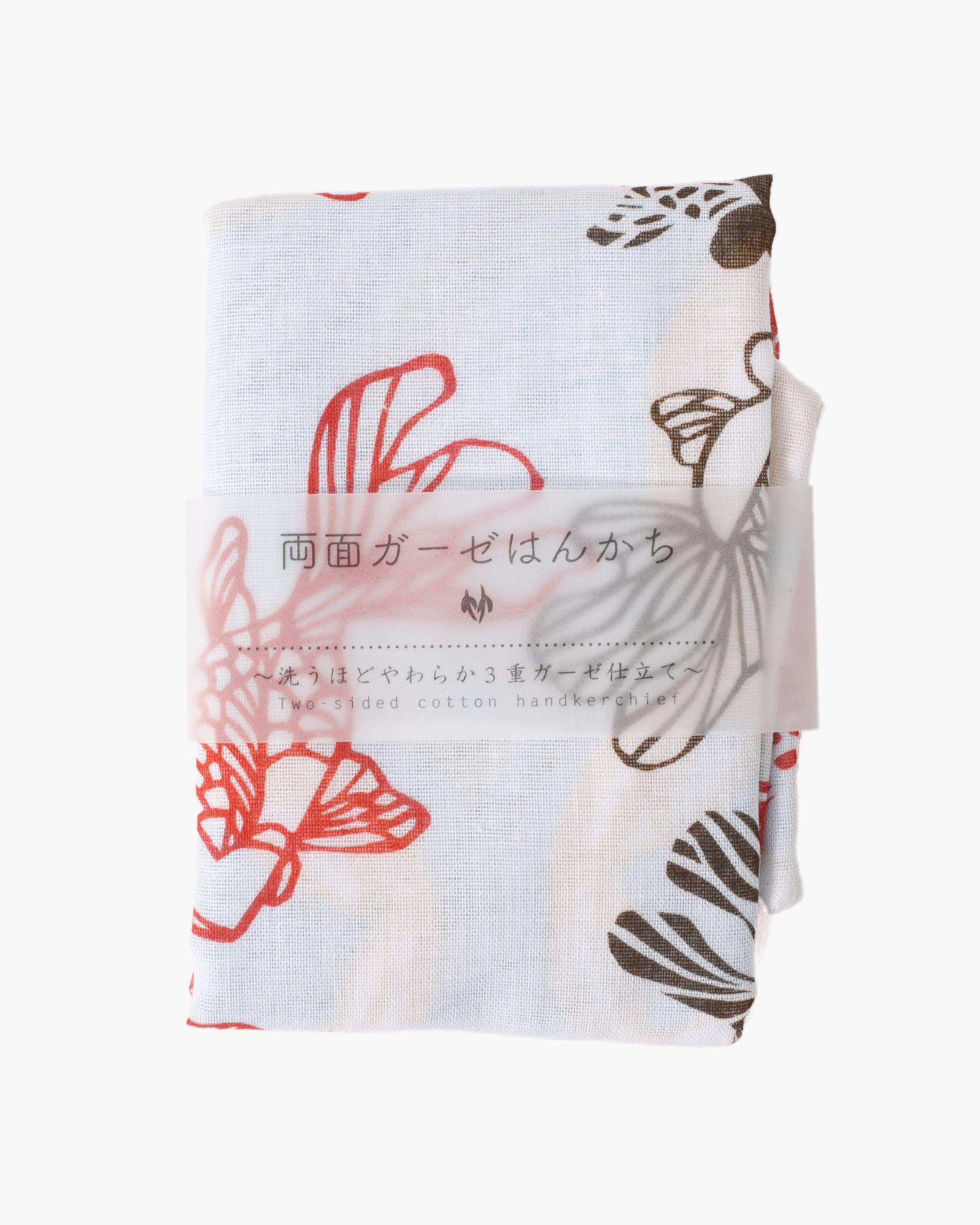 , Two-Sided Cotton Handkerchief, White with Red and Black Kingyo