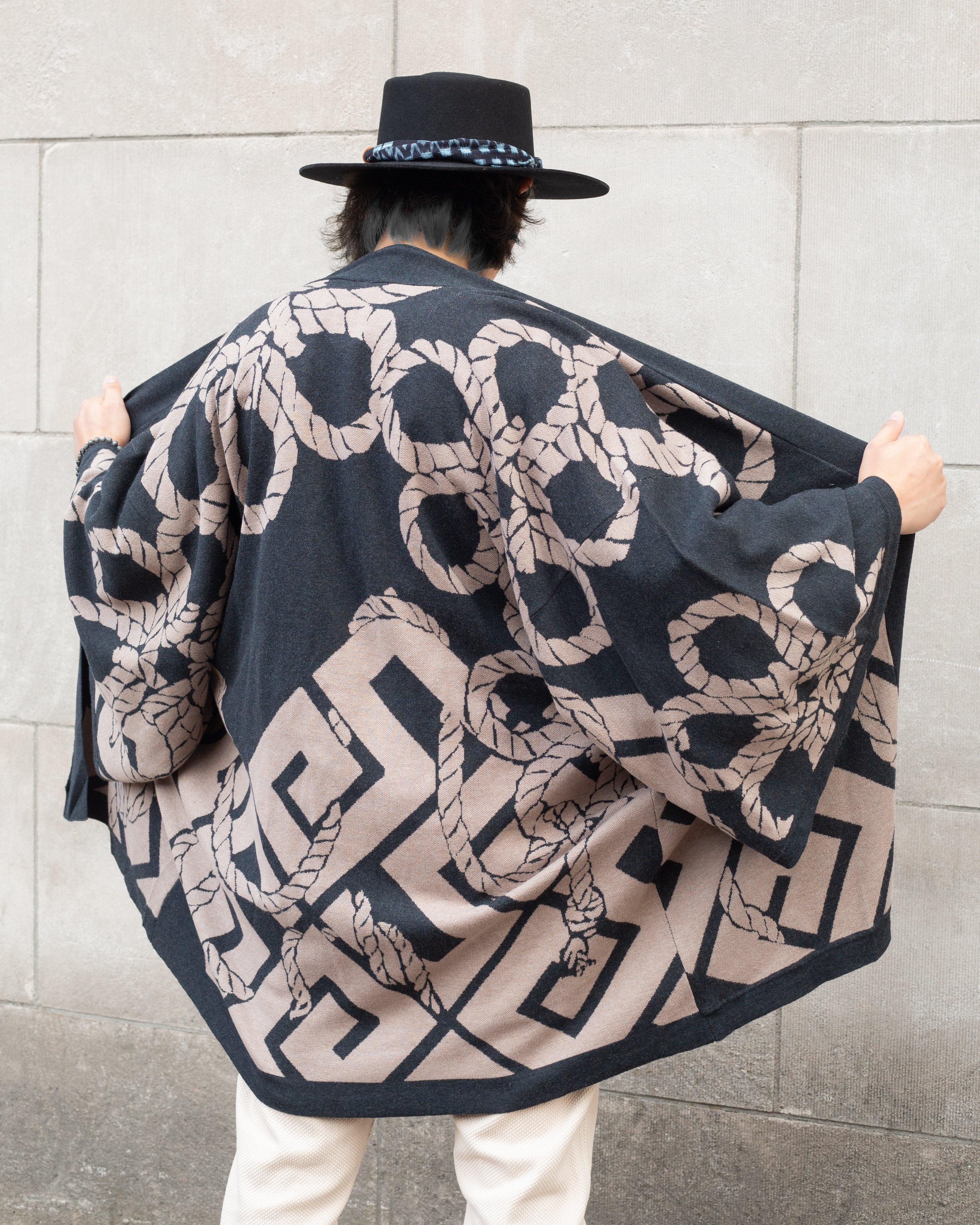 , Cardigan Robe, Charcoal with Beige Nawa