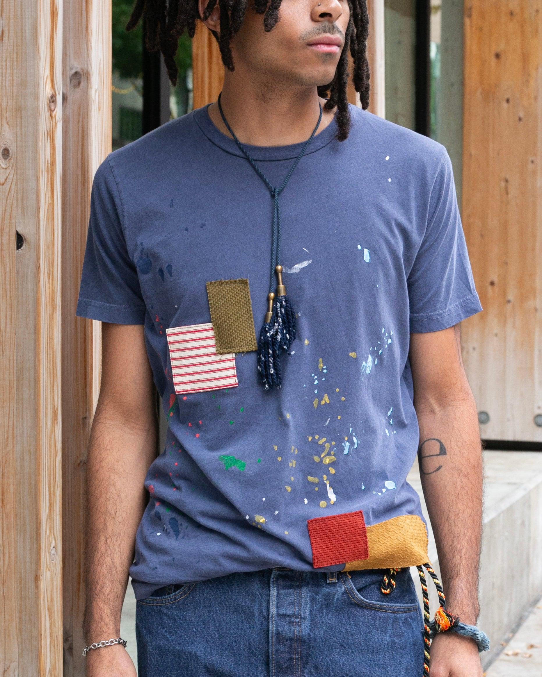 Kiriko Original Tee, 3.8 oz Cotton, Painter Tee with Patches, Blue