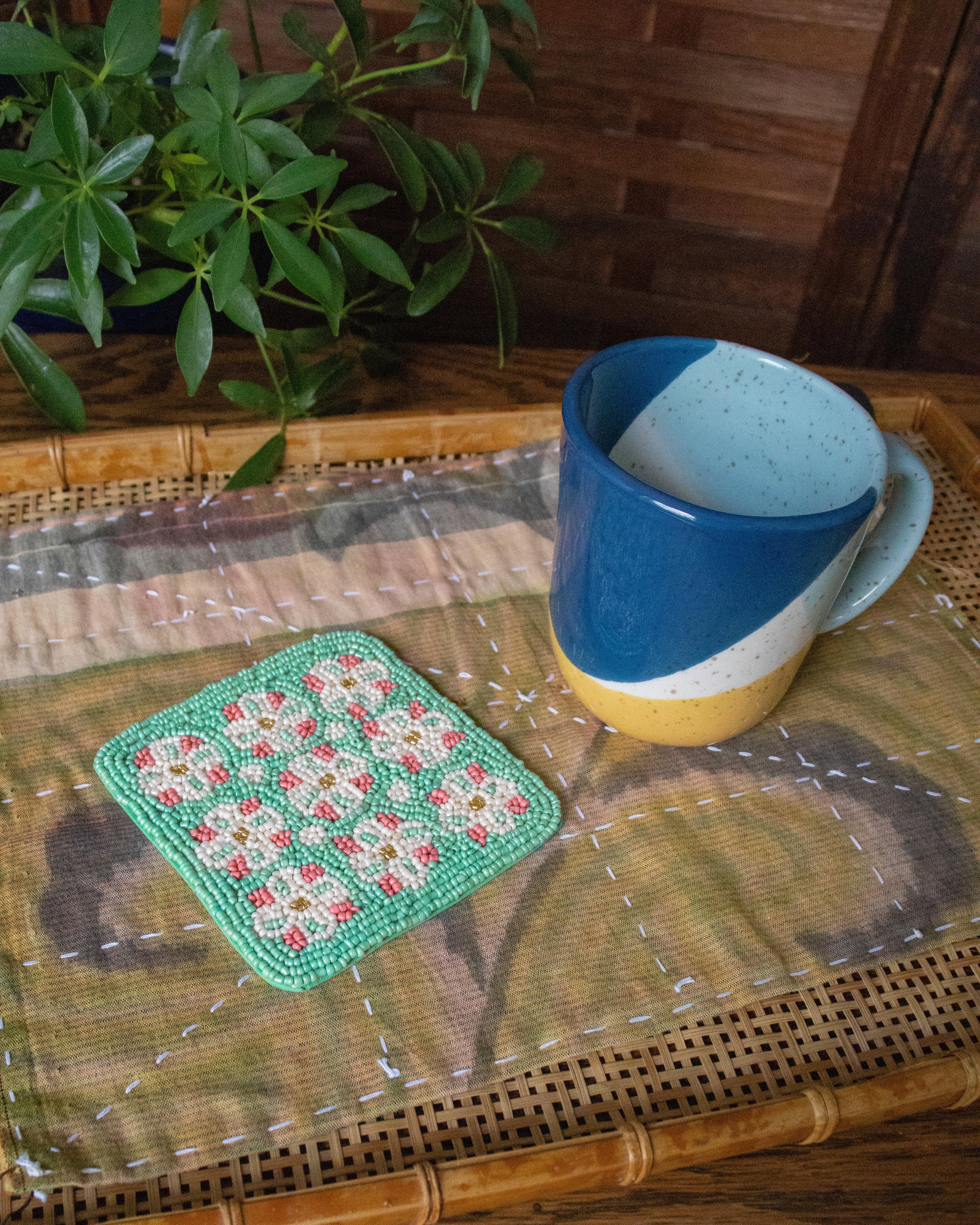 Coaster, Bisque, Beaded Flower Pattern Mint