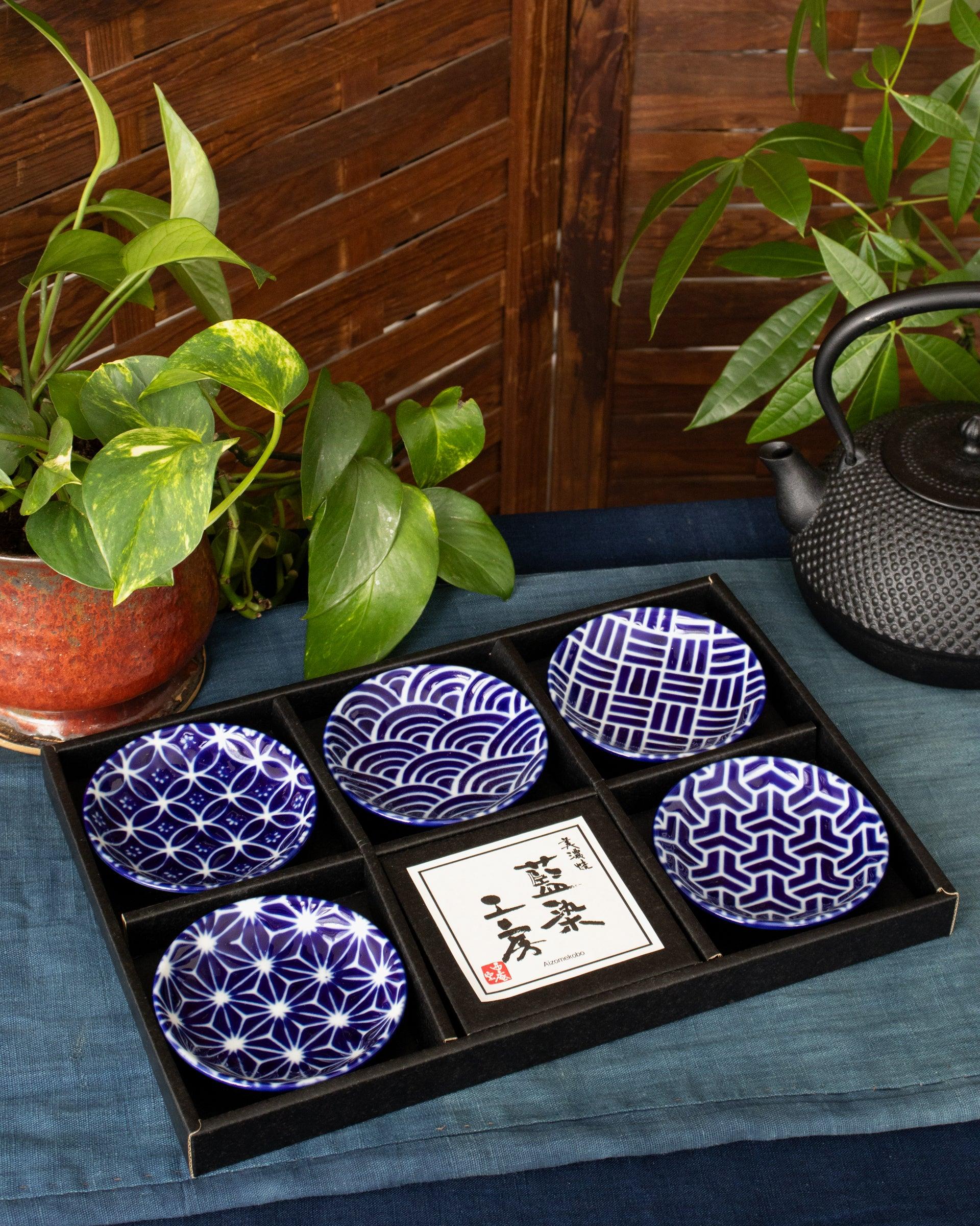 Plate, Ichiyama, Set of 5, Indigo Edo Komon, Small Round