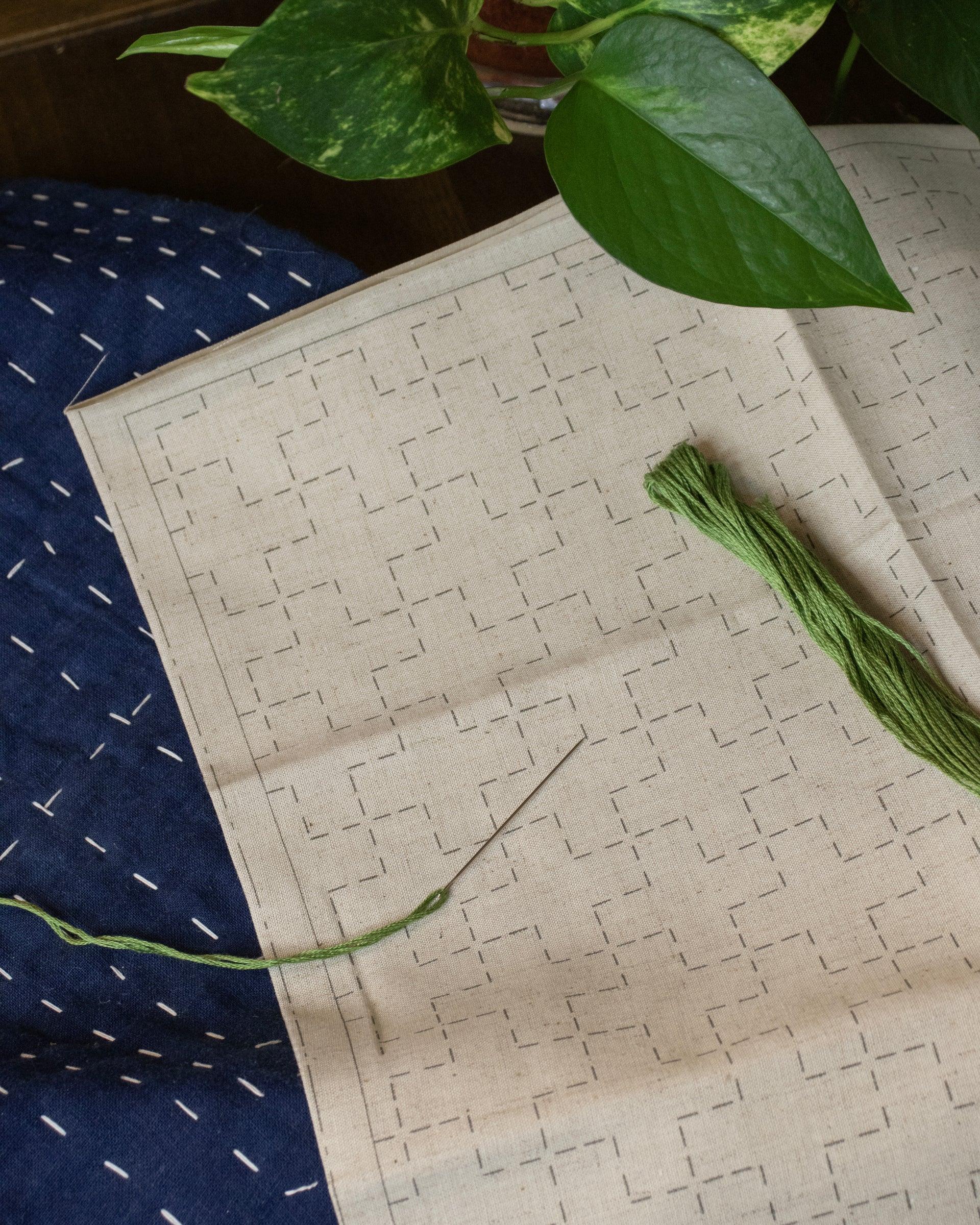 , Cotton Linen Sashiko Fabric, Ivory, Cross Design