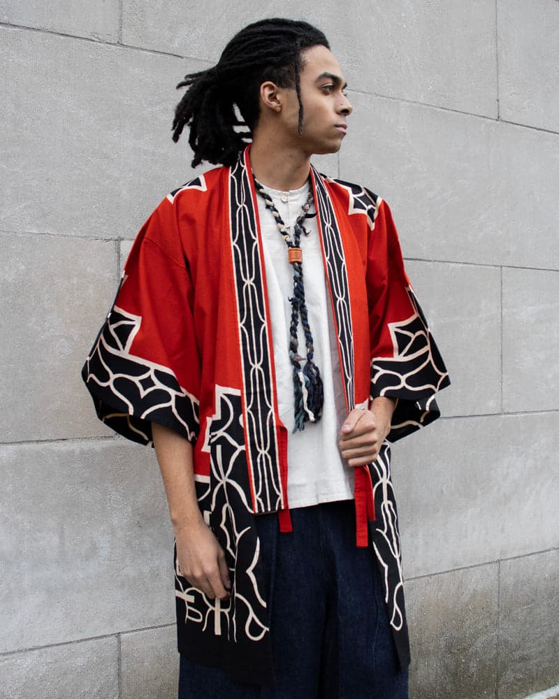 Vintage Ainu Robe, Long, Red with Black and White Patterns