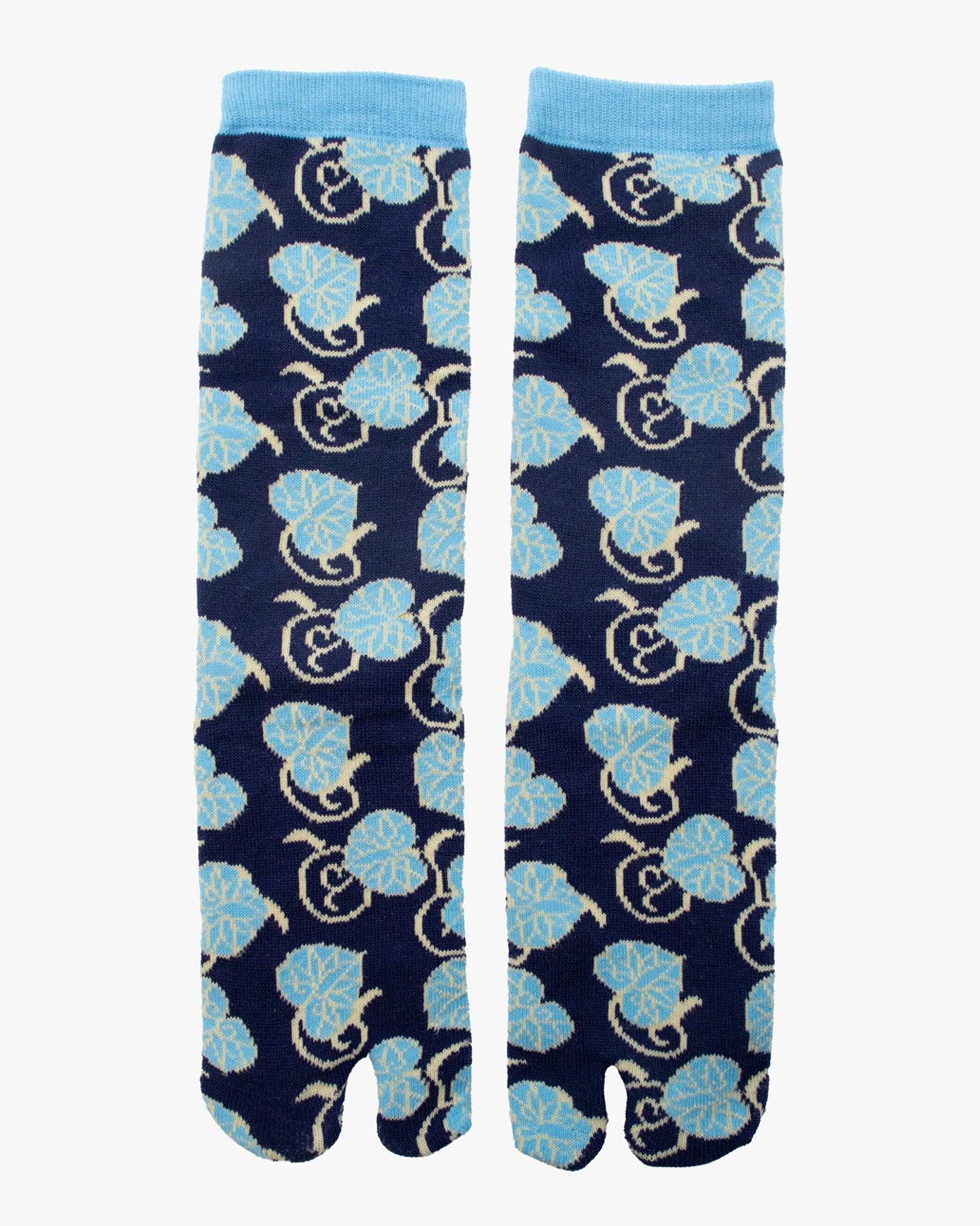 , Tabi Socks, Blue with Blue and White Leaves