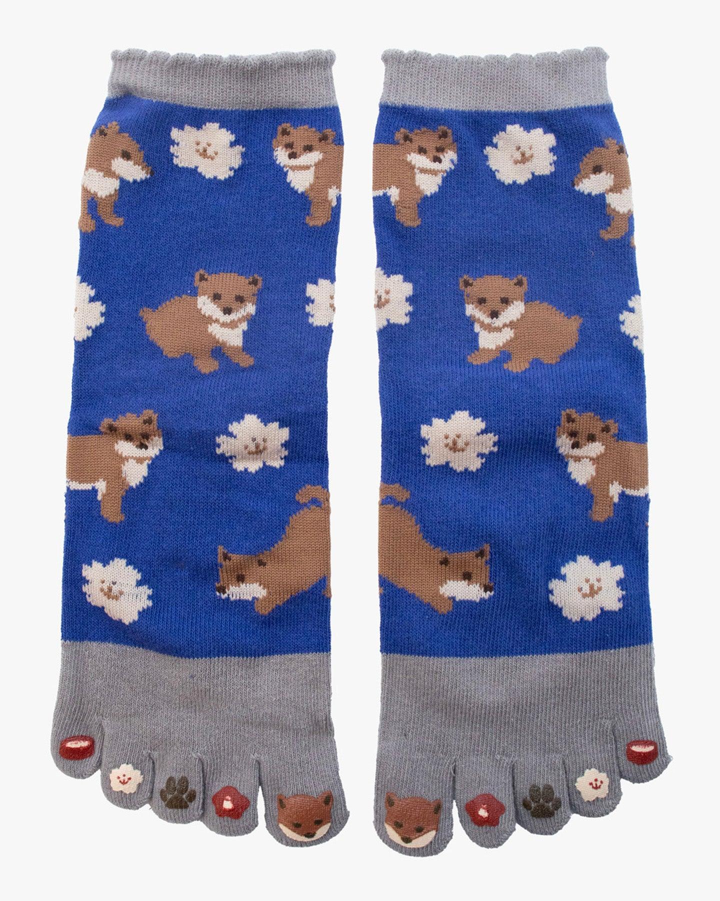 , Toe Socks, Crew, Blue and Grey with Foxes