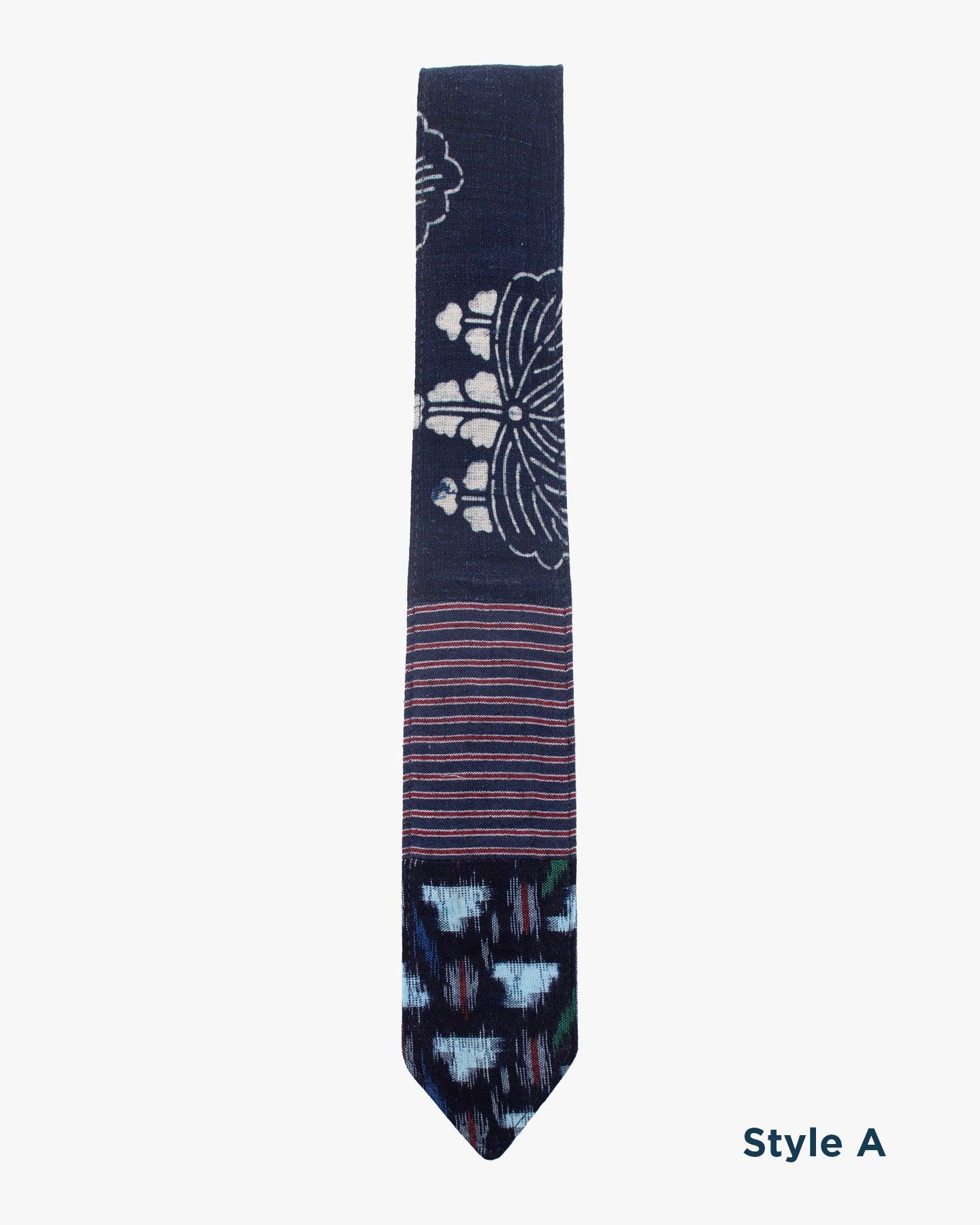 Kiriko Original Tie, Boro, Vintage Indigo Katazome Kiku, Shima and Kasuri