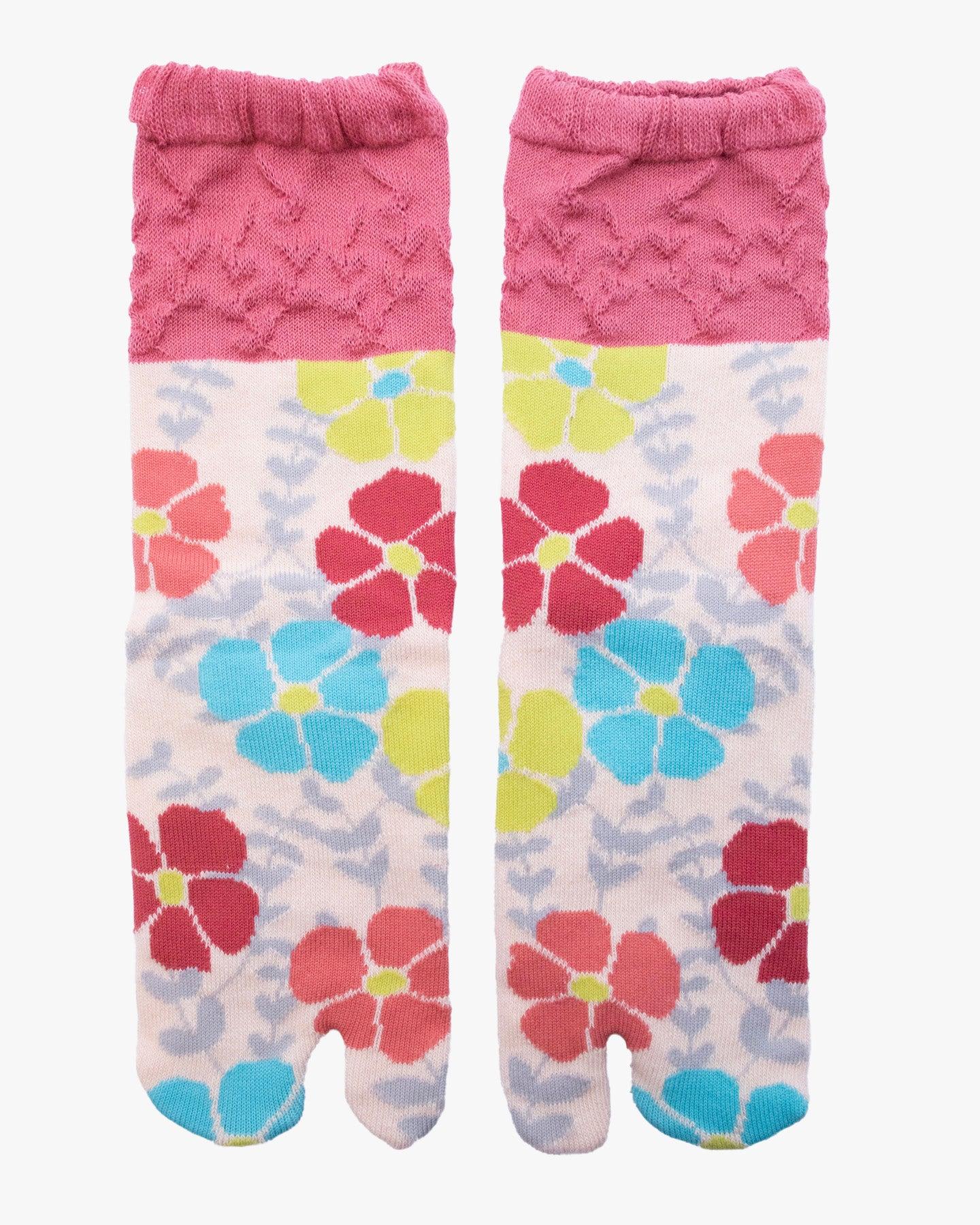 , Tabi Socks, Crew, Cream with Pink and Blue Flowers (S/M)