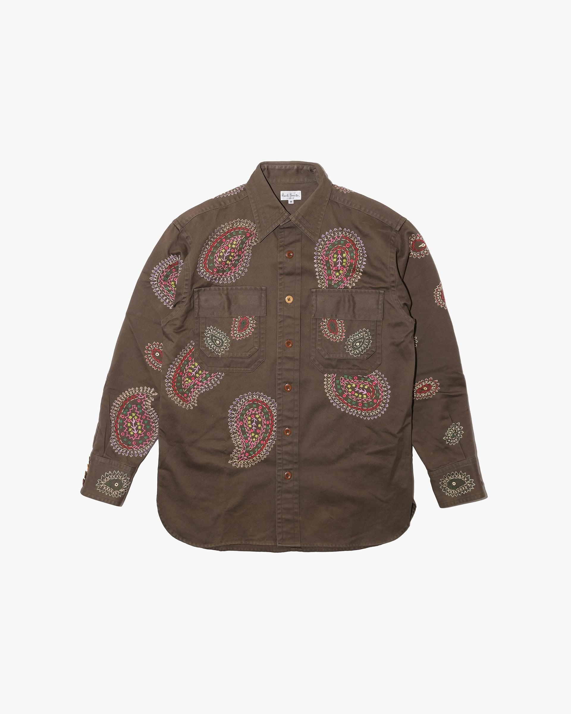 Long-Sleeve Shirt, M, Paul Smith, Brown with Multicolor Embroidered Paisley